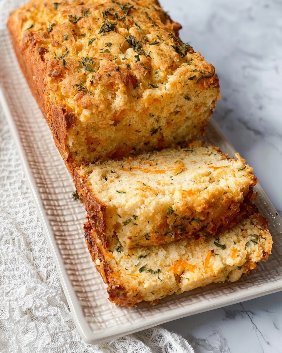A loaf of savory bread is shown on a white rectangular plate with a textured pattern. The bread has two visible slices cut from it and is golden in color with flecks of green herbs on top and inside. The top crust looks slightly crumbly and baked with a rough texture, while the inside layers show a soft, moist crumb with small orange bits throughout. The plate is placed on a white marbled surface, and a white lace cloth can be seen to the side. Photo taken with an iphone --ar 4:5 --v 7