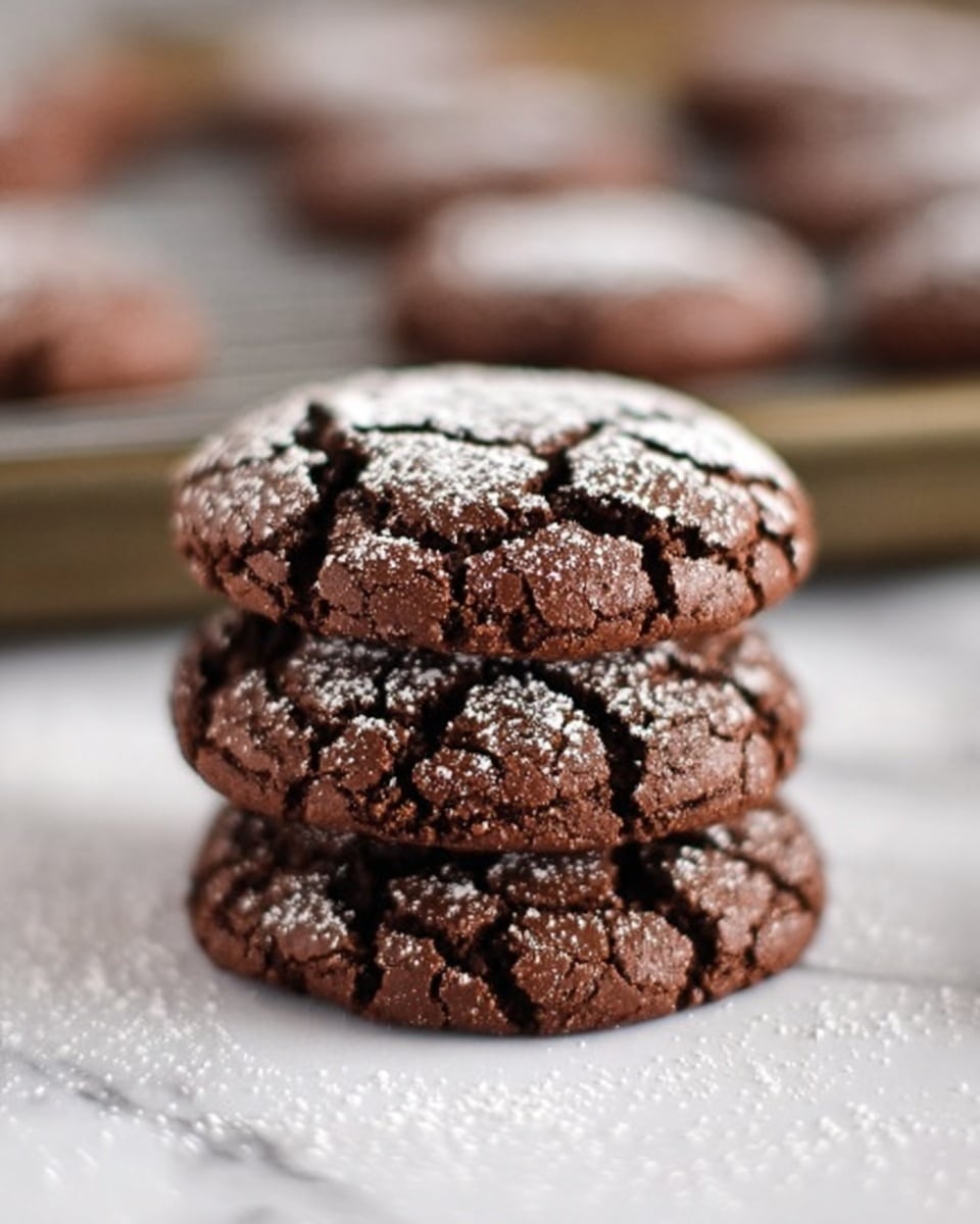 A close-up view of a stack of three round chocolate cookies, each with a cracked surface texture showing a rich, dark brown color. The cookies have a light dusting of powdered sugar on top, giving a slight white contrast against the dark chocolate. The edges are slightly rough, and the cookies look soft and chewy. In the background, there are more similar cookies on a baking tray, blurred out with a bokeh effect. The entire scene is set on a white marbled surface with soft natural light. photo taken with an iphone --ar 4:5 --v 7