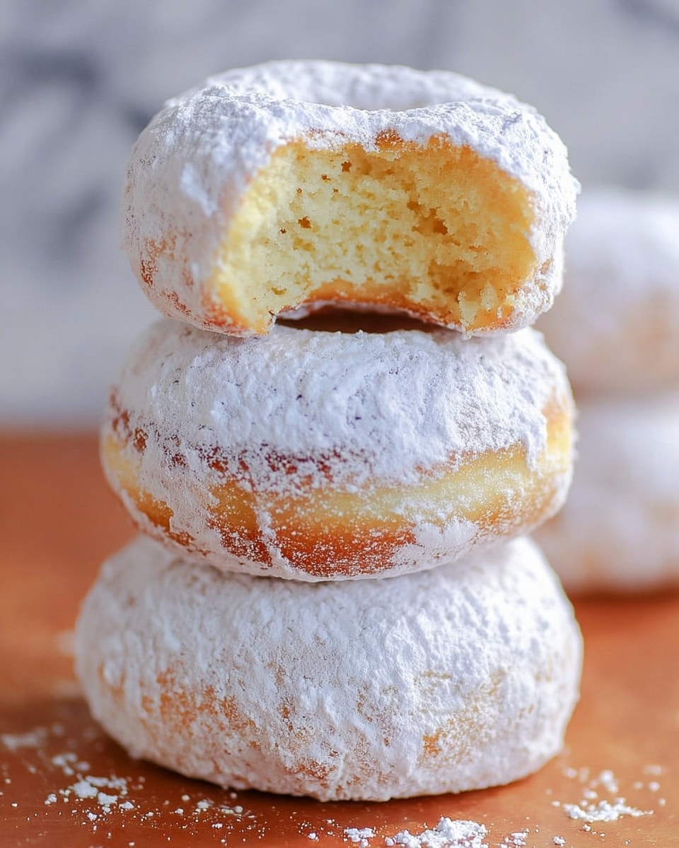 A stack of three round doughnuts with a thick layer of white powdered sugar covering their surface is shown, with the top doughnut having a bite taken out, revealing a soft, yellow, cakey inside with a crumbly texture. The doughnuts have a light crackled texture on the powdered sugar layer, and the stack sits on a white marbled surface that adds a subtle elegant background. Photo taken with an iphone --ar 4:5 --v 7