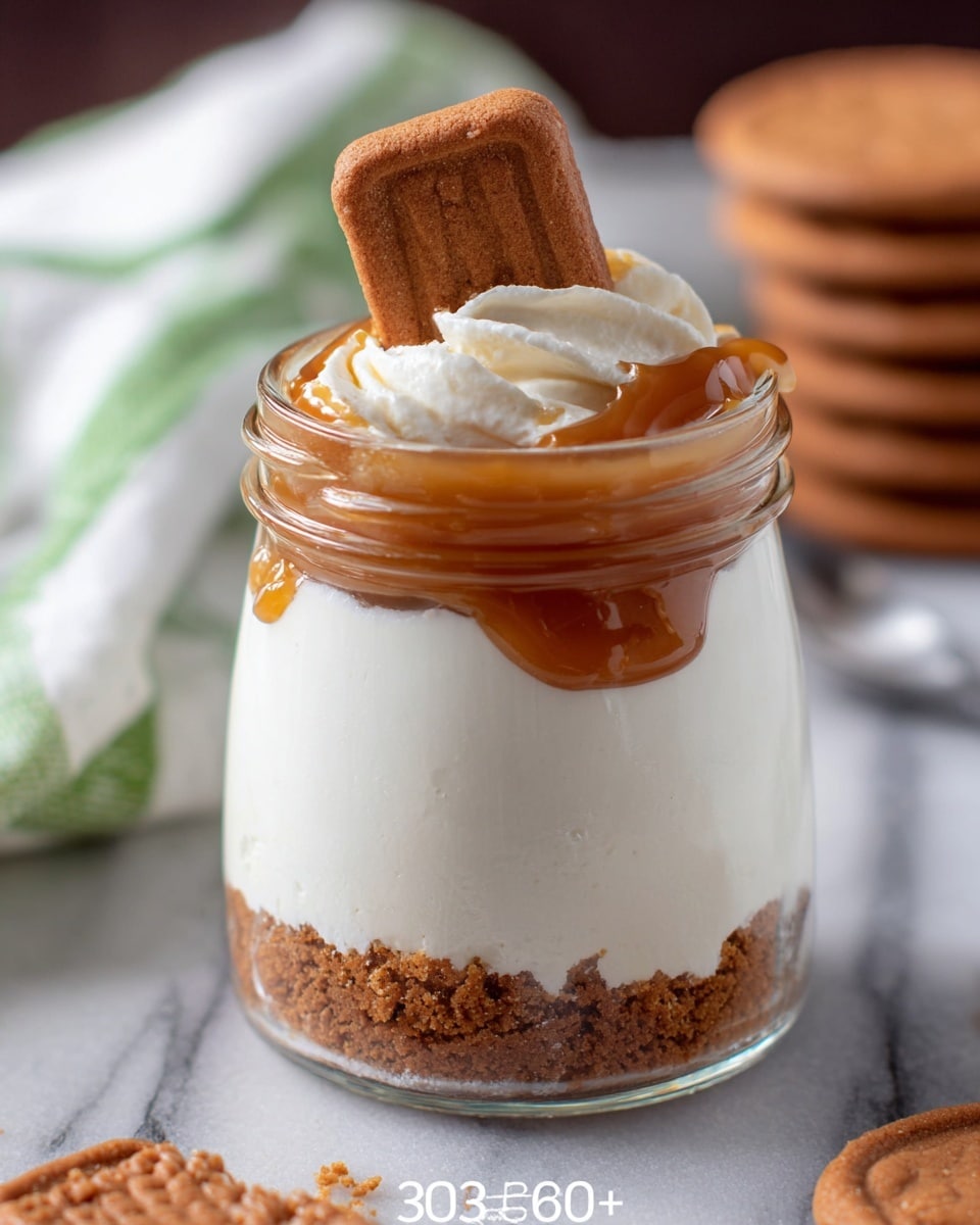 A small clear glass jar with three layers of dessert placed on a white marbled texture; the bottom layer is a crumbly, brown cookie crust, the middle layer is thick, smooth, white cream filling with some texture, topped with a glossy caramel-colored sauce that slightly drips over the edge, and a single brown rectangular cookie standing upright in the top layer. In the background, there are more similar brown cookies and a white cloth with light green stripes. Photo taken with an iphone --ar 4:5 --v 7