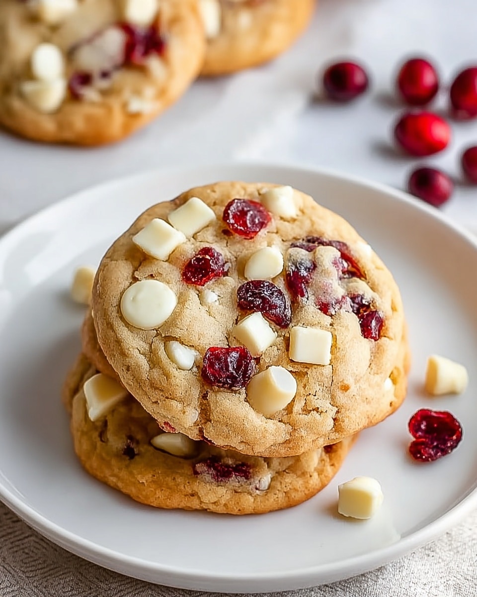 A close-up of three stacked cookies on a white plate, each cookie has a light golden-brown base with visible cracks, studded with scattered bright white chocolate chunks and deep red dried cranberries. The top cookie's surface shows a mix of square and irregular white chocolate pieces along with plump, slightly glossy cranberries giving a textured look. The plate is set on a white marbled textured surface with some blurred cranberries and another cookie in the background, adding depth. The lighting is soft, highlighting the colors and textures naturally. photo taken with an iphone --ar 4:5 --v 7