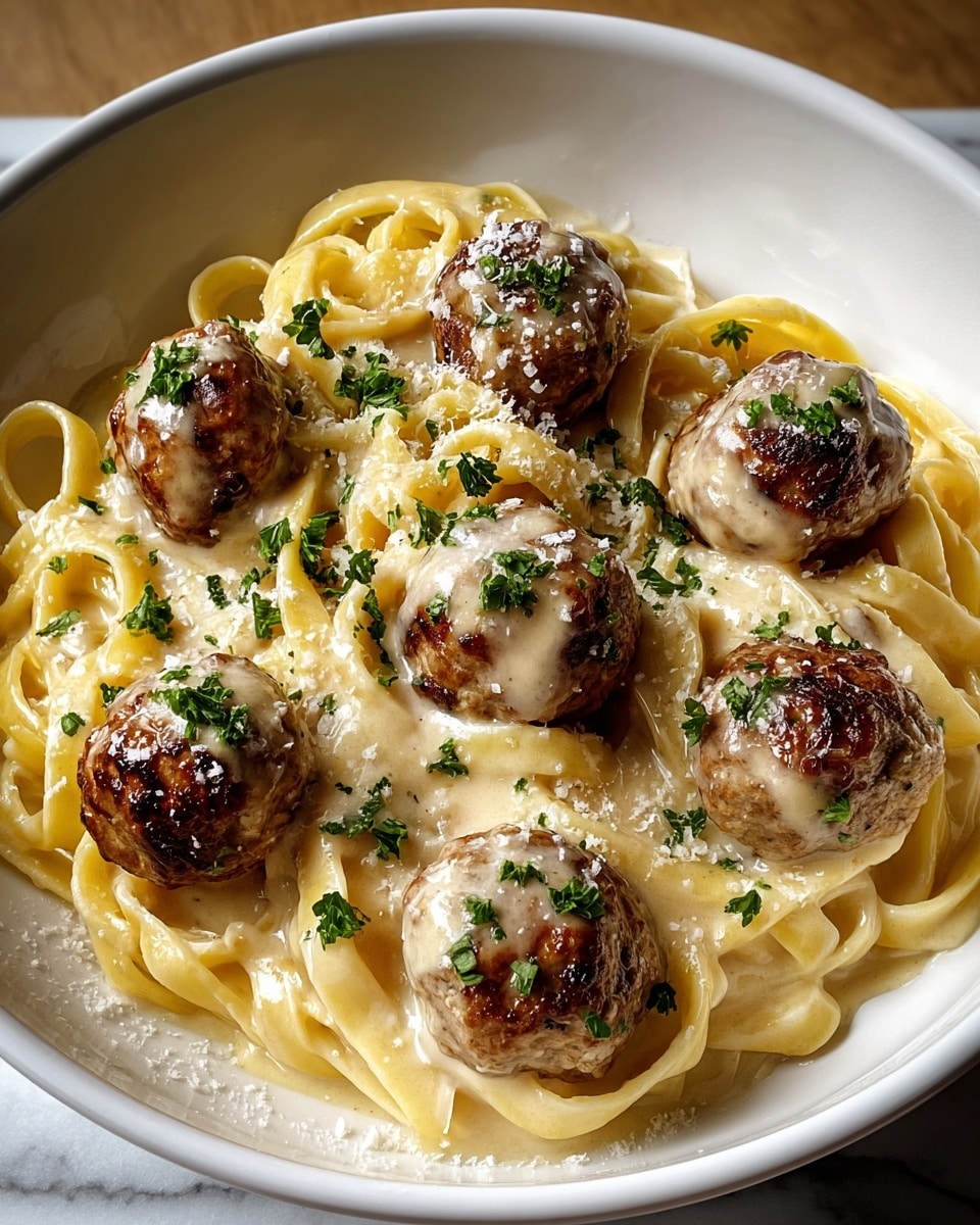 A white bowl holds creamy fettuccine pasta as the base layer, its smooth, light yellow strands thickly coated in cheese sauce. On top are eight round, browned meatballs evenly spaced, each covered with a melted light beige cheese sauce that drips slightly down the sides. Small green parsley pieces sprinkle over the meatballs and pasta, adding a fresh touch. A fine dusting of grated Parmesan cheese is scattered around the meatballs, giving a slightly rough texture on the surface. The bowl sits on a white marbled textured surface, and the lighting highlights the rich textures of the sauce and meatballs. photo taken with an iphone --ar 4:5 --v 7