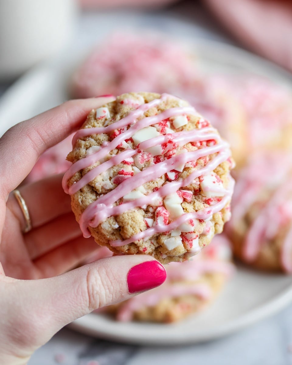 A close-up of a round cookie held by a woman's hand with pink painted nails, showing a thick texture with small chunks of white and red pieces mixed throughout. The cookie is topped with thin pink icing drizzled in diagonal lines and tiny red sprinkles scattered evenly on top. In the blurry background, more similar cookies can be seen on a white plate and white marbled surface. The lighting is soft and natural, highlighting the cookie’s crumbly texture and detailed toppings. photo taken with an iphone --ar 4:5 --v 7
