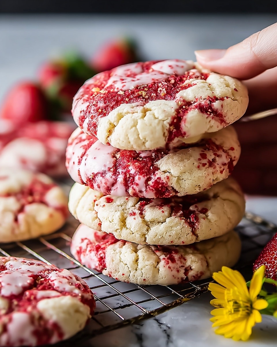 A stack of five round cookies is shown, each cookie with two layers. The bottom layer is light beige with a soft, crumbly texture, while the top layer is a cracked glaze that alternates between creamy white and bright red patches with small bits of crushed red coloring dotted throughout. The cookies have a slightly cracked surface, revealing a rough texture beneath the glaze. There are a few whole strawberries blurred in the background and a small bright yellow flower on a thin green stem to the right side near the bottom. The cookies rest on a wire rack placed on a white marbled surface. A woman's hand reaches toward a cookie in the lower-left corner. photo taken with an iphone --ar 4:5 --v 7