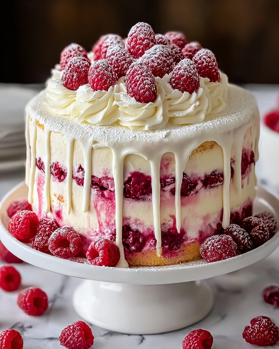 A two-layer cake sits on a white cake stand with powdered sugar scattered around. The bottom layer is creamy white with pinkish-red streaks of raspberry filling. The middle layer is packed with bright red raspberries, some slightly crushed. The top is covered with smooth white cream that drips down the sides, forming thick drips. On top, large swirls of white whipped cream hold fresh raspberries dusted with powdered sugar. More raspberries are scattered around the cake base on a white marbled surface. Photo taken with an iphone --ar 4:5 --v 7