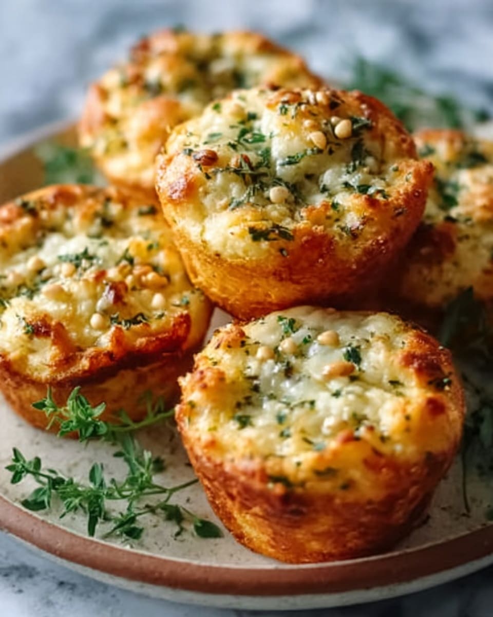 The image shows a close-up of four savory muffins arranged on a round white plate with a slight brown rim, placed on a white marbled surface. Each muffin has a golden-brown top layer with melted cheese that is slightly bubbly and browned, sprinkled with small green herb flakes and tiny pieces of what looks like pine nuts or seeds scattered on top. The muffins have a soft and fluffy texture with a slightly rough crust, and fresh green herb sprigs are placed around them for decoration. photo taken with an iphone --ar 4:5 --v 7