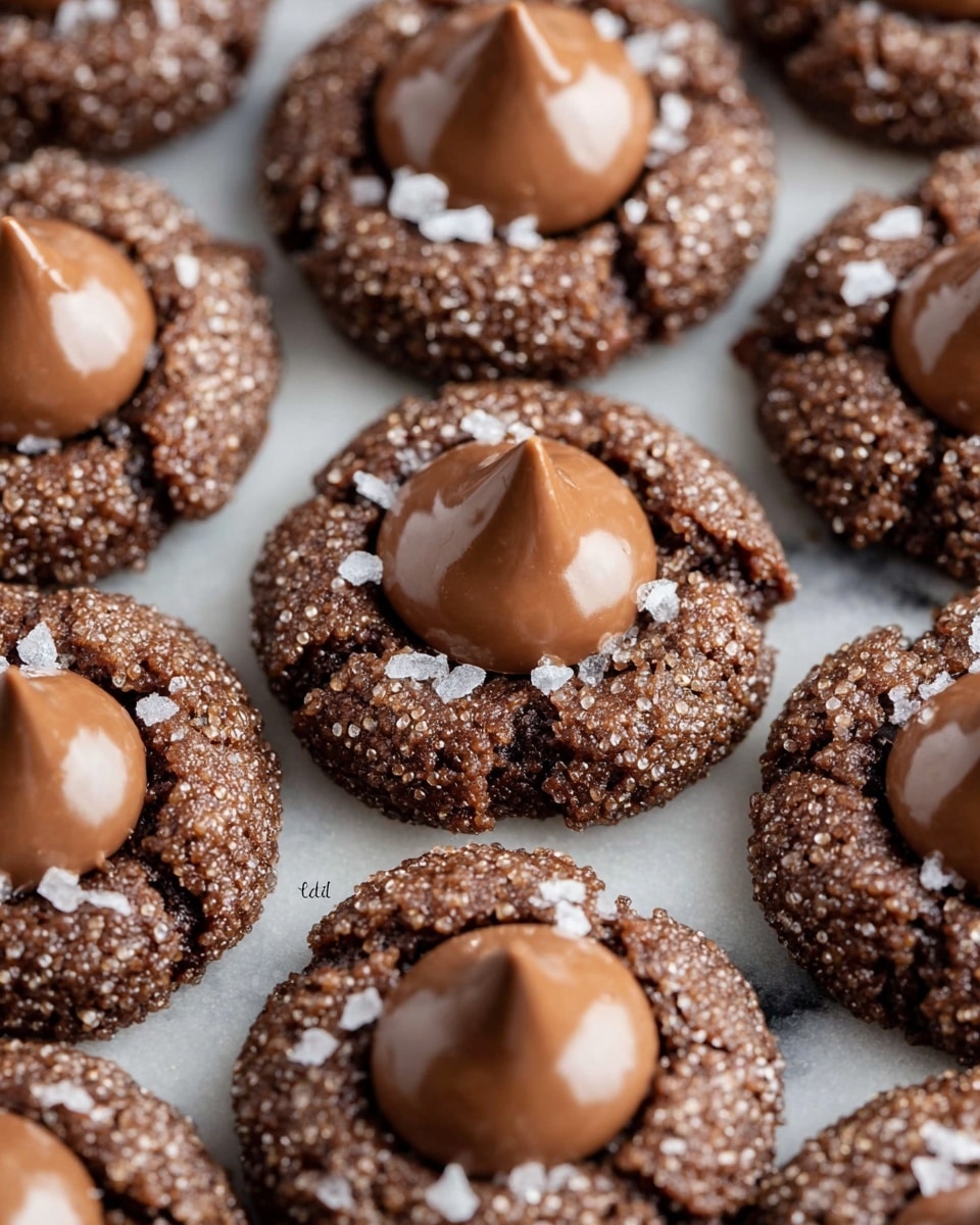 The image shows a close-up view of multiple round chocolate cookies arranged on a white marbled surface. Each cookie has one layer, a rough textured dark brown chocolate base coated with coarse sugar crystals giving a sparkling effect. On top of each cookie is a smooth, glossy, light brown chocolate kiss in the center, slightly peaked at the top. Some cookies are sprinkled with a few small white flakes, possibly sea salt, creating a contrast against the dark cookie base. photo taken with an iphone --ar 4:5 --v 7