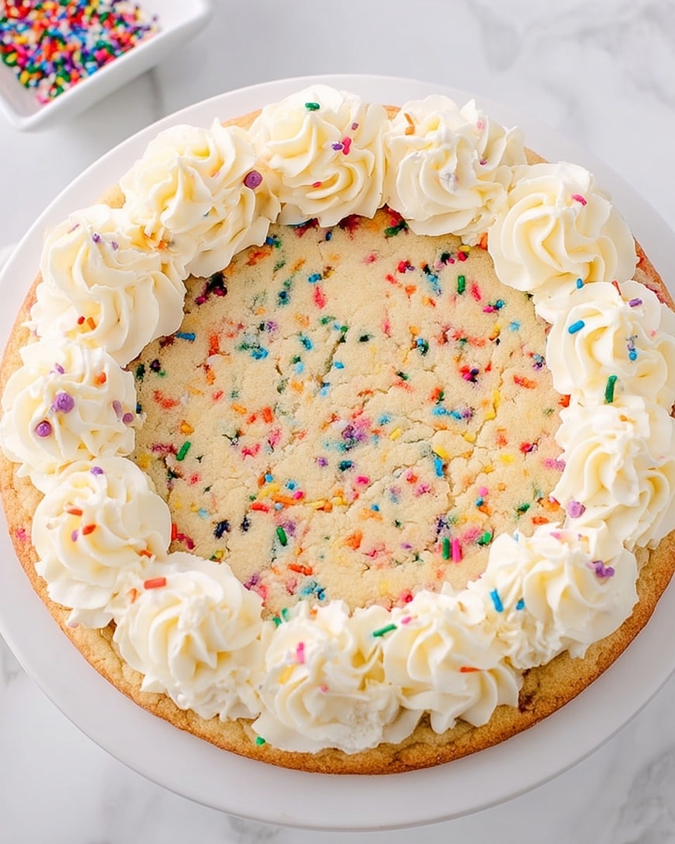 A large round cookie cake with a golden light brown base is topped with colorful small sprinkles scattered evenly across the surface. The cookie has a soft, slightly crumbly texture. Around the edge of the cookie, there is a single even layer of creamy white frosting piped into rosette shapes, giving a delicate and smooth look. The cake is placed on a white plate set against a white marbled texture background. photo taken with an iphone --ar 4:5 --v 7