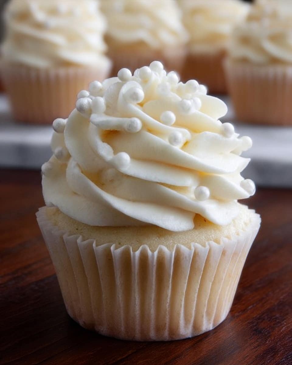 A single vanilla cupcake with a light, pale yellow base wrapped in a white paper liner sits in the foreground on a dark wooden surface. On top, there is a thick swirl of smooth white frosting shaped with delicate ruffles and adorned with small round white sugar pearls scattered evenly. In the blurry background, there are more cupcakes with the same white swirled frosting. The photo background is changed to a white marbled texture. photo taken with an iphone --ar 4:5 --v 7