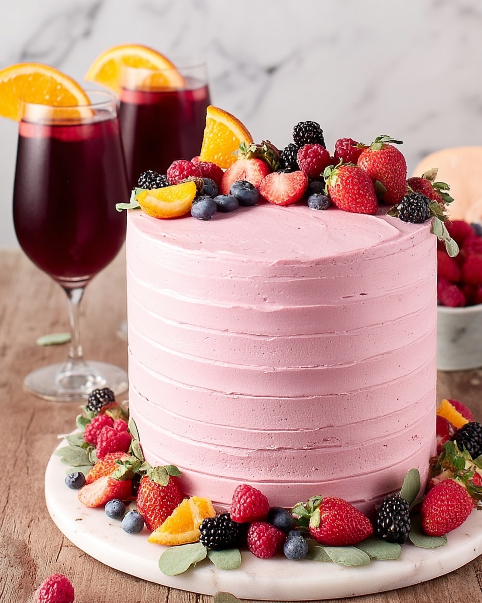 A tall, layered cake covered smoothly in pink frosting with subtle horizontal lines circling the cake’s sides, topped with an assortment of fresh fruits including strawberries, raspberries, blueberries, blackberries, and a small piece of orange, arranged along the top edge. Around the base of the cake are more fresh berries, small green leaves, and a few small orange slices, all placed on a round white plate with a subtle marbled texture. In the background, there are two glasses of dark red sangria with orange wedges on the rims, sitting on a wooden surface with a white marbled texture behind. photo taken with an iphone --ar 4:5 --v 7