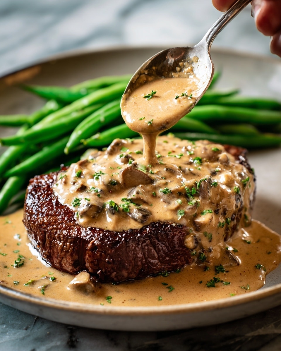 A thick, dark brown steak sits on a white plate, partially covered by a rich, creamy tan mushroom sauce with visible small mushroom pieces and sprinkled with bright green chopped herbs. Behind the steak, a cluster of vibrant green beans rests, adding a fresh color contrast to the dish. A silver spoon, held by a woman's hand, is pouring the creamy sauce generously over the steak. The plate rests on a white marbled texture surface. photo taken with an iphone --ar 4:5 --v 7