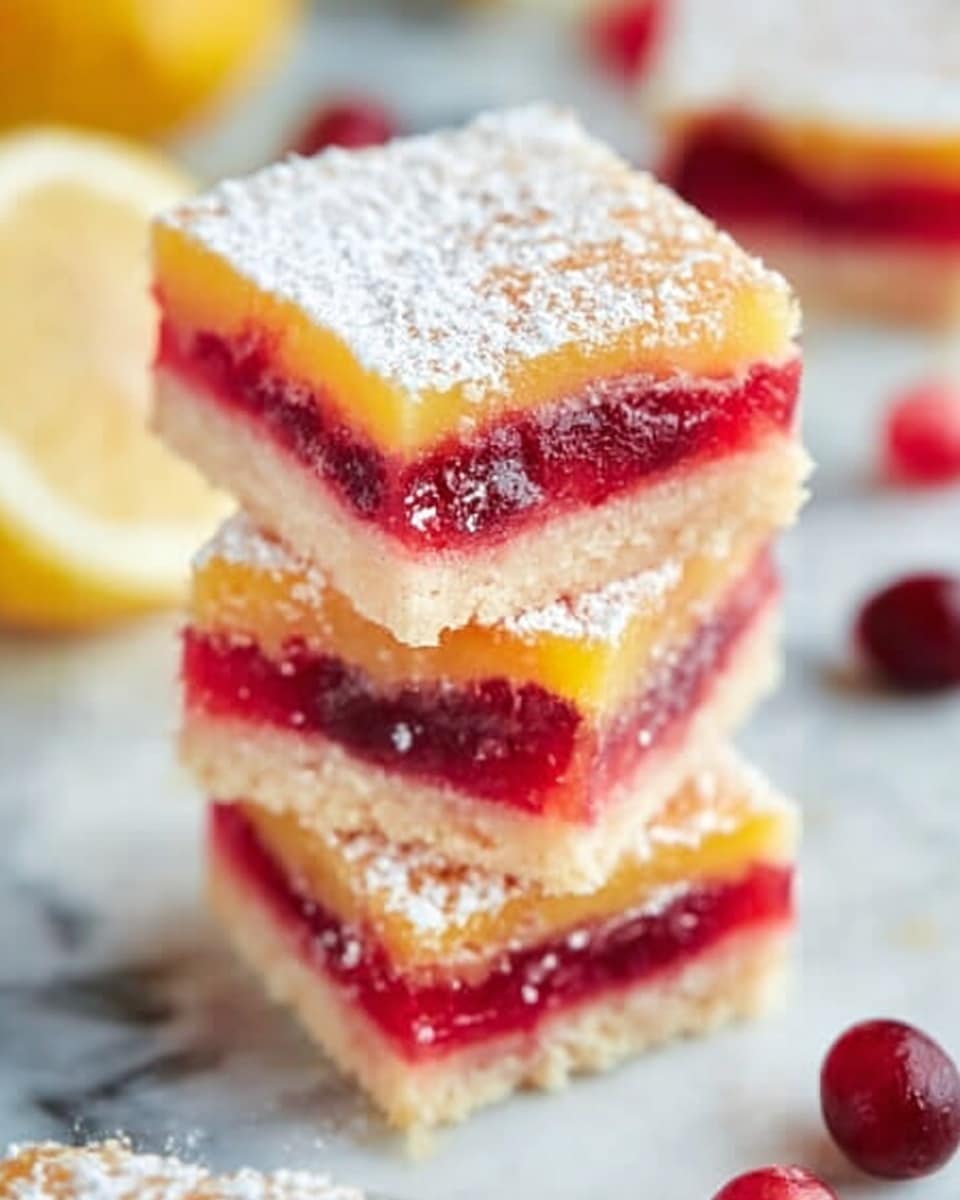The image shows a stack of three square dessert bars on a white marbled surface. Each bar has three clear layers: a golden yellow layer on the top with a smooth texture, a bright red middle layer filled with fruit pieces, and a light beige bottom layer with a crumbly texture. The top of the bars is dusted with white powdered sugar. Around the stack are some small red fruits and half a lemon, with one bar slightly out of focus in the background. The photo taken with an iphone --ar 4:5 --v 7