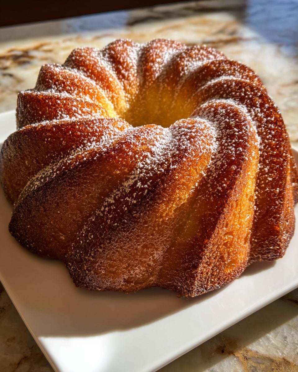 A round bundt cake with deep ridges and scalloped edges sits in the center of a white square plate. The cake has a caramelized golden brown crust with some darker brown spots and a soft, moist, lighter golden inside visible in the ridges. A light dusting of powdered sugar sprinkles the top evenly. The cake is on a white marbled surface with warm light creating soft shadows and highlighting the cake’s textured surface. Photo taken with an iphone --ar 4:5 --v 7