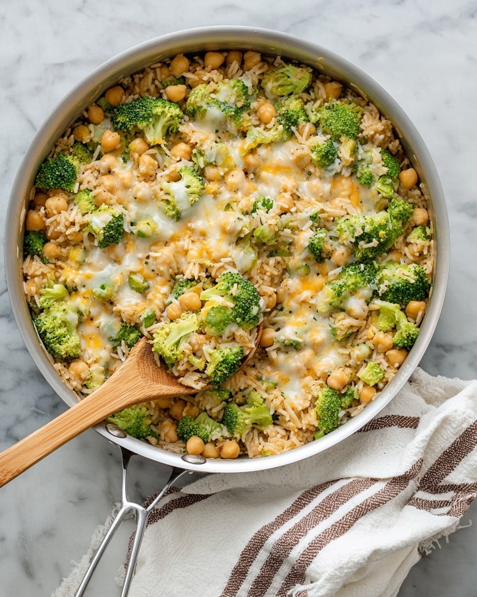 A large silver pan filled with a mixed dish of three main layers: at the bottom, soft cooked rice in light beige; scattered through and on top, small green broccoli florets with bright green color and a rough texture; mixed evenly are round, light brown chickpeas adding a smooth texture; melted cheese is spread all over, showing creamy white and light orange patches with a slightly gooey look. A wooden spoon rests inside the pan, lifting some of the mix, revealing all ingredients blended together. The pan sits on a white marbled surface next to a white cloth with thin dark brown stripes. Photo taken with an iphone --ar 4:5 --v 7