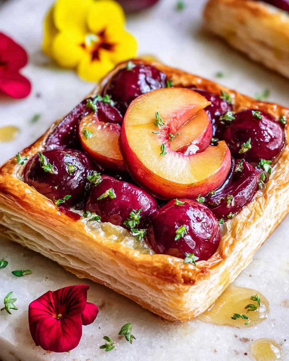 A square puff pastry tart with three clear layers: a flaky, pale golden crust base with visible layers, a middle layer filled with shiny, dark red cherry halves, and two slices of peach placed in the center on top. The tart is garnished with small green herb pieces scattered over the fruit. It sits on a white marbled surface with a light honey or syrup drizzle around it. Bright yellow and red flowers are slightly visible in the background. Photo taken with an iphone --ar 4:5 --v 7