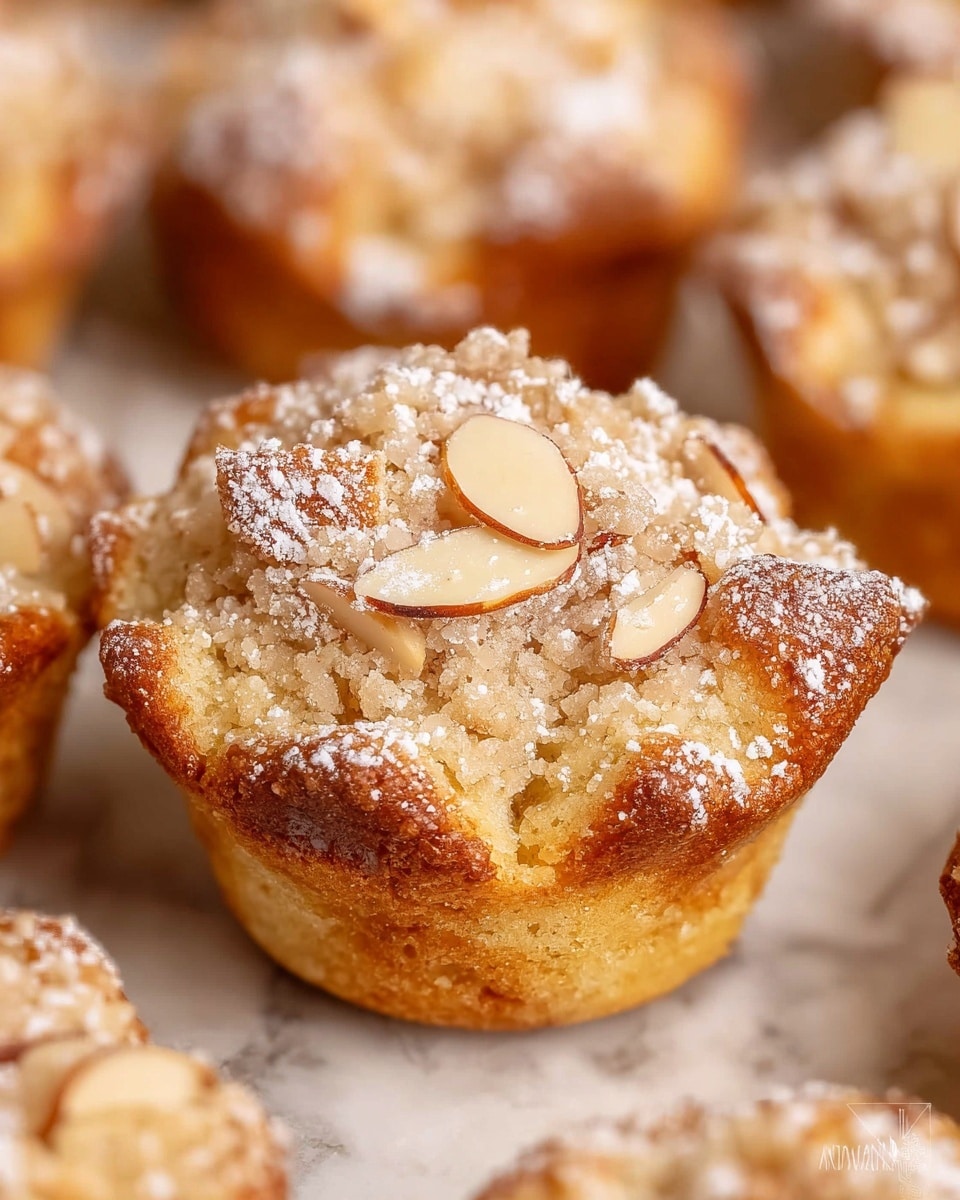A close-up view of a small muffin-style pastry with a golden-brown crust forming the bottom and sides, topped with a crumbly, light beige streusel layer scattered with thin, light tan almond slices. The top is dusted with a fine, white powdered sugar coating that adds a snowy texture. The pastry is surrounded by more of the same pastries, all resting on a white marbled surface, creating a warm and inviting baked look. photo taken with an iphone --ar 4:5 --v 7