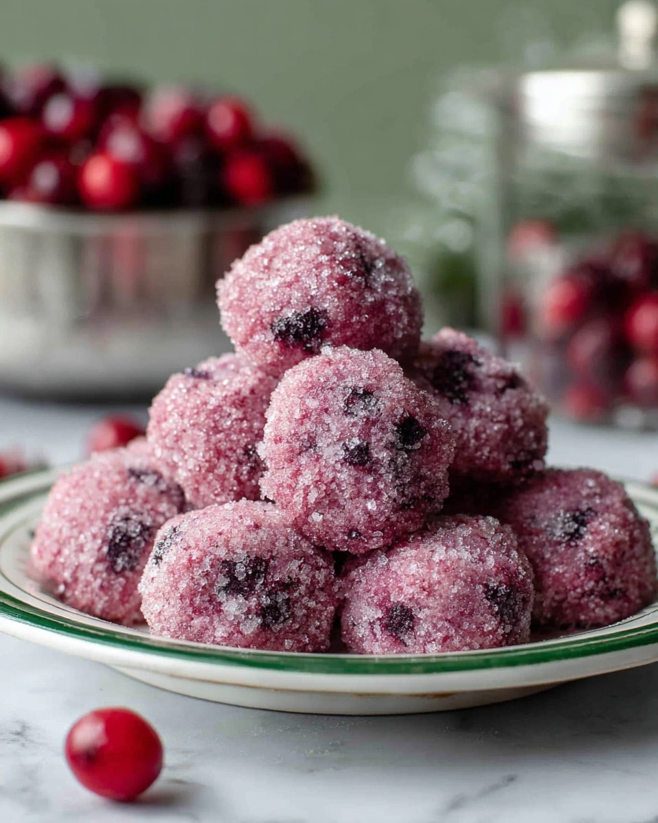 A white plate with a green rim holds a pile of small, round, pinkish-purple cookies covered in coarse sugar crystals. The cookies have a slightly rough texture with darker purple spots scattered throughout, hinting at berries or fruit bits inside. The plate is set on a white marbled surface, with a few red berries blurred in the foreground and a metallic container filled with similar berries softly out of focus in the background. Photo taken with an iphone --ar 4:5 --v 7
