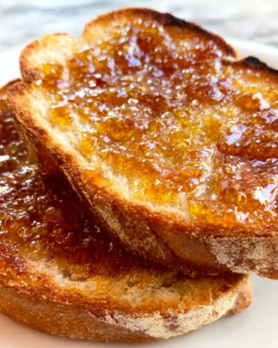 A close-up image of two slices of toasted bread stacked closely, each slice topped generously with a shiny layer of golden-brown honey spread, glistening under the light to show its sticky texture with small bubbles. The bread has a crispy, slightly charred crust with a soft, airy inside. The background is a white marbled surface. Photo taken with an iphone --ar 4:5 --v 7