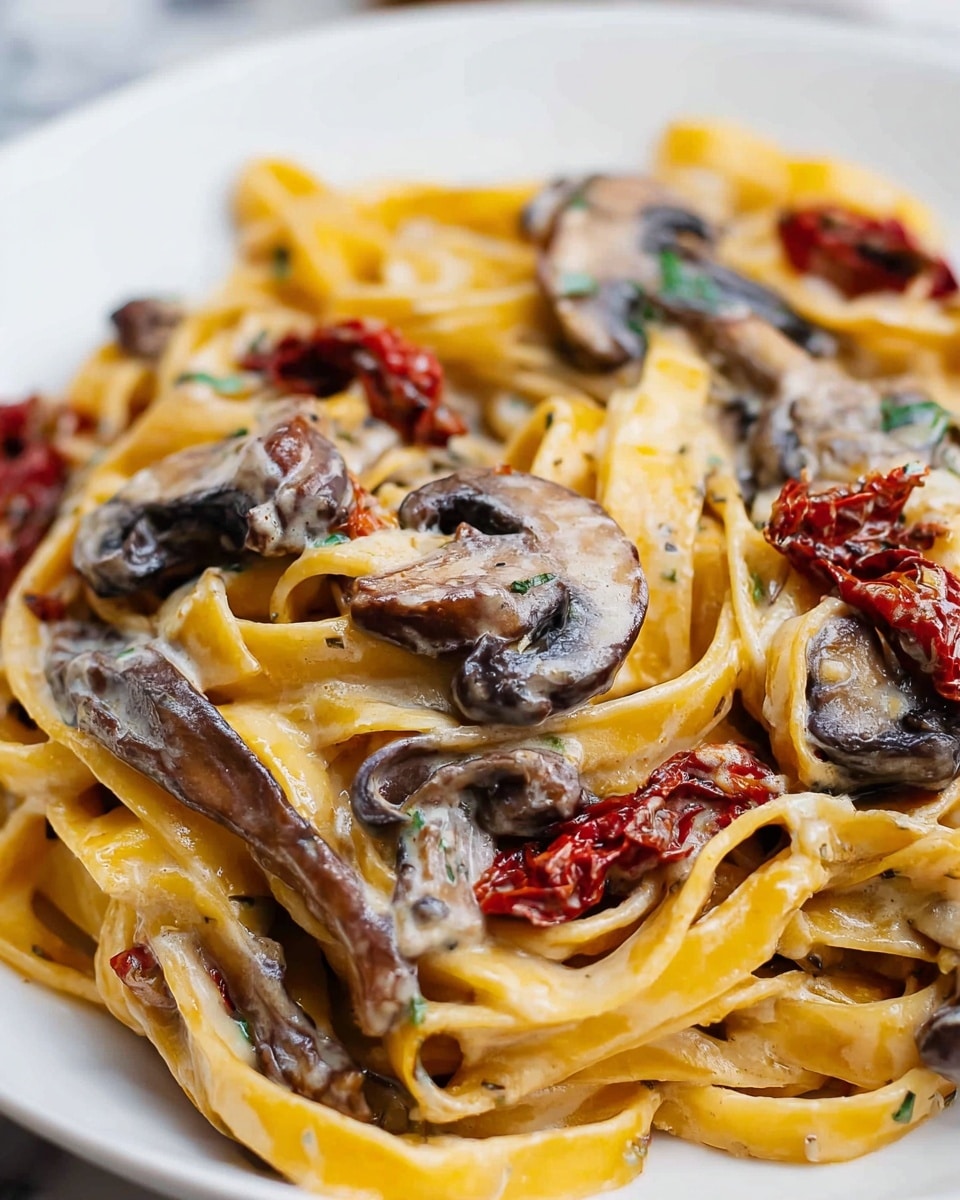 The image shows a close-up of creamy pasta served on a white plate placed on a white marbled surface. The dish has three main layers: the bottom layer is flat, wide yellow pasta noodles that are slightly twisted and coated in a light sauce. On top of this, there are pieces of soft, cooked mushrooms that have a dark brown and gray color with a creamy texture covering parts of them. Scattered among the pasta and mushrooms are thin slices of deep red sun-dried tomatoes adding a contrast in color. The overall texture looks rich and smooth with a mix of soft and slightly firm elements. photo taken with an iphone --ar 4:5 --v 7