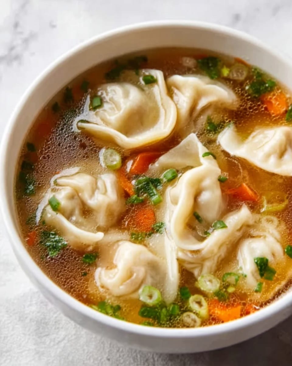 A white bowl filled with clear broth contains several light beige dumplings with visible folds floating on the surface. Thin orange carrot slices and chopped green herbs are scattered between the dumplings. The broth looks warm and slightly oily, with hints of green onion pieces floating. The bowl is placed on a white marbled surface. Photo taken with an iphone --ar 4:5 --v 7