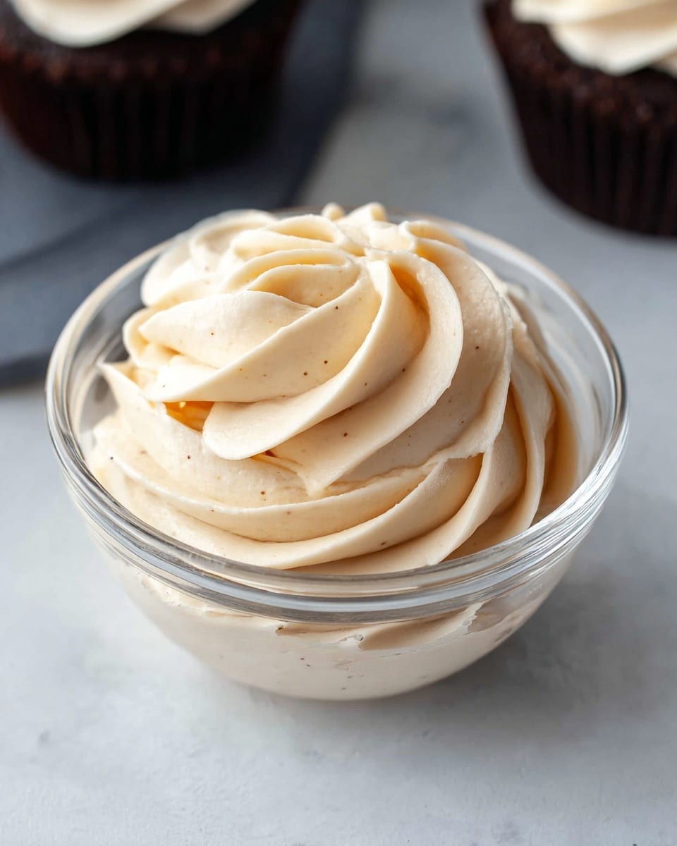A clear glass bowl filled with a thick, creamy swirl of light beige frosting, piped in smooth, soft layers that form a flower-like shape with gentle ridges and soft peaks at the center. The bowl sits on a white marbled surface with parts of dark chocolate cupcakes blurred in the background, emphasizing the creamy texture and light color of the frosting. The creamy topping looks airy yet firm, with tiny specs that add a natural look. photo taken with an iphone --ar 4:5 --v 7