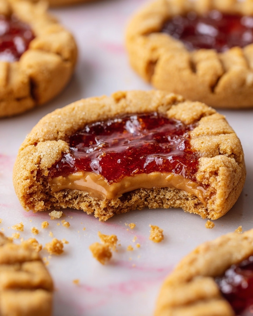 The image shows a close-up of a peanut butter and jelly cookie round in shape with a bite taken from the lower-left side. It has three layers visible: the outer cookie layer is golden brown with a crumbly and slightly cracked texture, the middle layer is glossy red jelly, and the innermost layer is soft peanut butter visible under the jelly. The cookie sits on a white marbled surface with small crumbs scattered nearby. Other similar cookies can be seen blurred in the background. Photo taken with an iphone --ar 4:5 --v 7