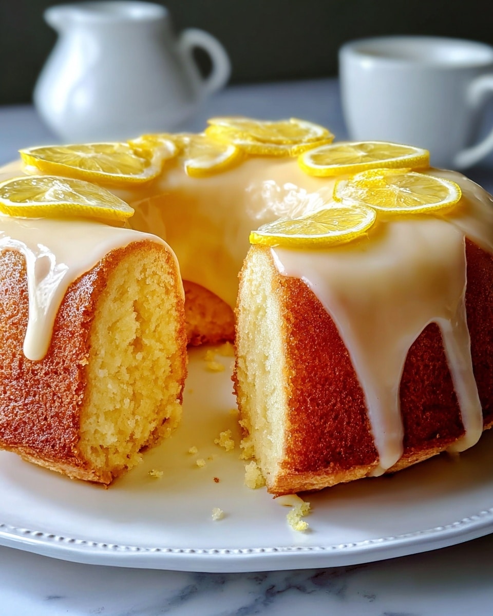 A single-layer round bundt cake with a golden-brown outer crust and soft, light yellow crumb inside is shown with a slice cut out, revealing the moist texture. The top layer is covered with a smooth, pale yellow glaze that drips slightly down the sides. Thin lemon slices and wedges decorate the top, adding bright yellow accents. The cake rests on a white plate with a slightly scalloped edge, placed on a white marbled textured surface. In the background, a white cup with a handle is softly blurred. Photo taken with an iphone --ar 4:5 --v 7