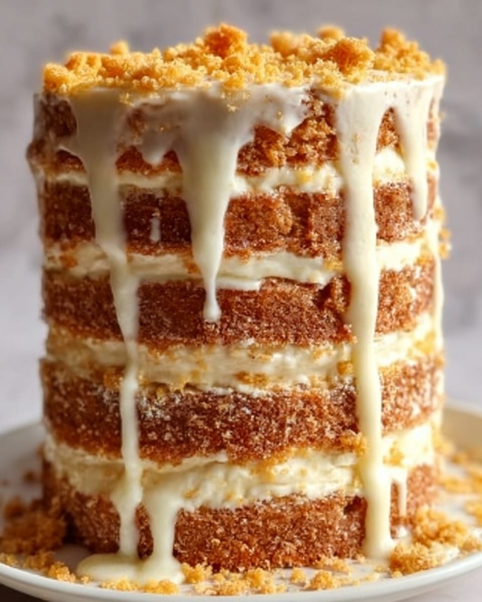 The image shows a tall cake with multiple uneven layers, around six in total, each layer is light brown with a rough texture, separated by thick white creamy frosting that drips down the sides in an irregular pattern. The cake is topped with small golden crumbs scattered over the creamy frosting. It sits on a white plate, placed on a white marbled surface. The lighting highlights the moist texture of the cake and the smoothness of the frosting. photo taken with an iphone --ar 4:5 --v 7