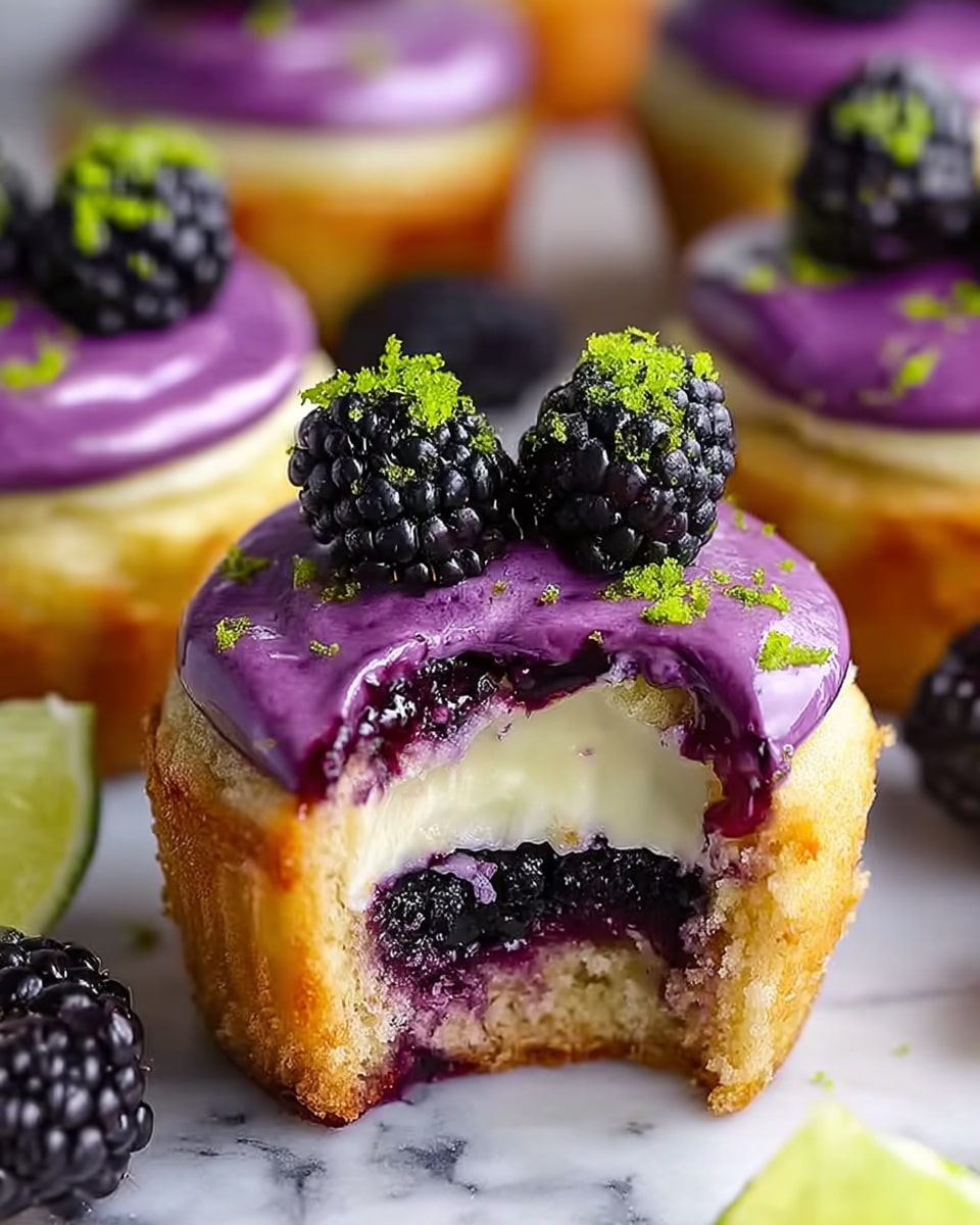A close-up of a cupcake with four visible layers: the bottom layer is a light golden cake, above it is a thick dark purple berry filling, followed by a creamy white layer, and topped with a smooth, shiny purple frosting. On top, two blackberries sit with bright green zest sprinkled around them and on the frosting. A bite is taken out of the cupcake, showing all the layers clearly. The cupcake is on a white marbled surface, and more cupcakes and blackberries are blurred in the background. Photo taken with an iphone --ar 4:5 --v 7