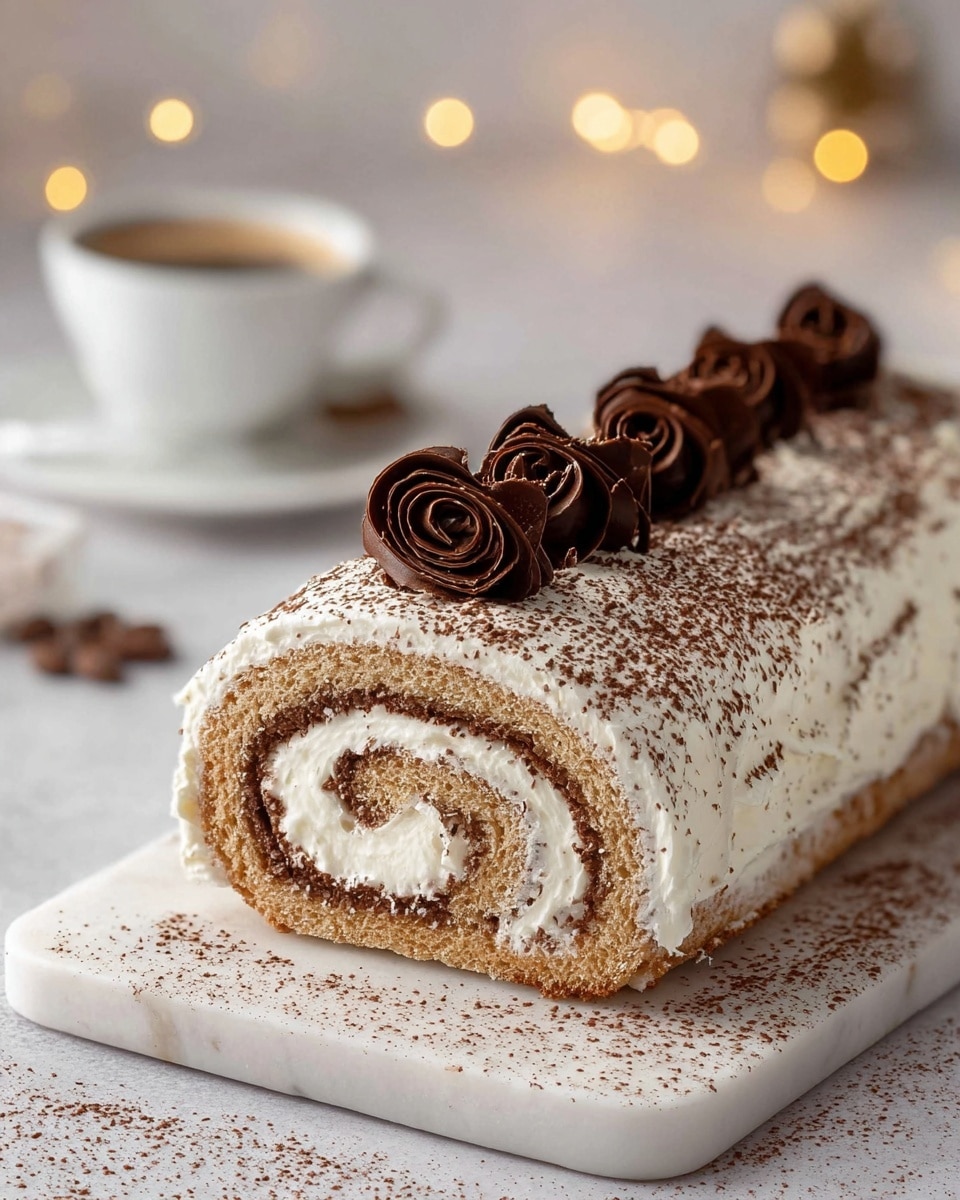 The image shows a Swiss roll cake with three visible layers: a light brown sponge cake rolled with a creamy white filling, all covered by a thick layer of white frosting. The top is dusted with cocoa powder and decorated with tight, dark brown chocolate curls arranged in a row along the center. The cake is placed on a white rectangular board dusted with cocoa powder, against a white marbled texture surface in the background. A white cup of coffee and blurred warm lights add a cozy atmosphere. Photo taken with an iphone --ar 4:5 --v 7