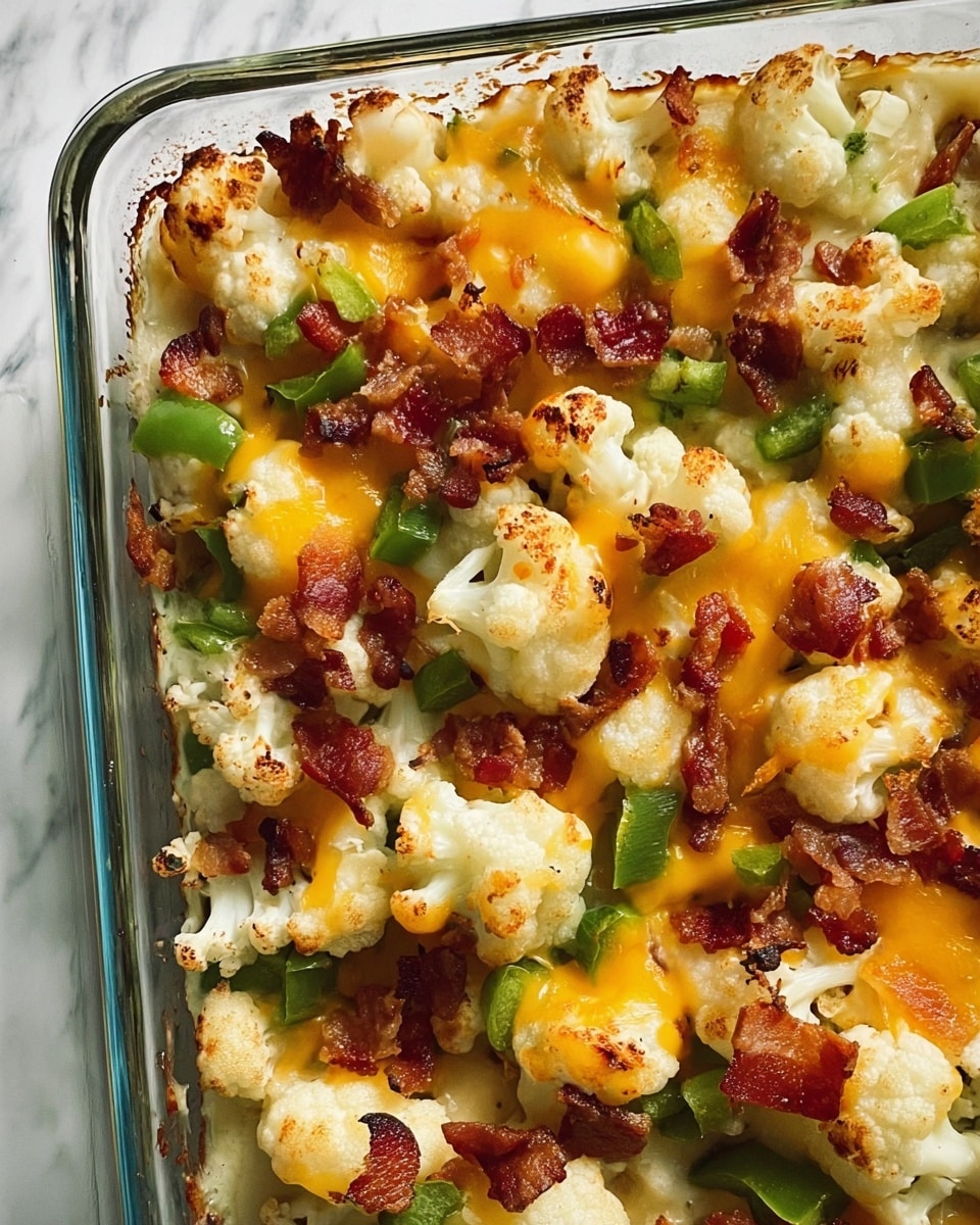 The image shows a close-up of a rectangular glass baking dish filled with a baked casserole. The top layer is made of white cauliflower florets scattered across the dish, mixed with small pieces of crispy brown bacon and thin slices of green bell pepper. Melted yellow cheddar cheese is drizzled unevenly over the cauliflower, bacon, and peppers, creating a gooey texture. The edges of the baking dish show some browned spots indicating it’s freshly baked. The dish is placed on a white marbled surface. photo taken with an iphone --ar 4:5 --v 7