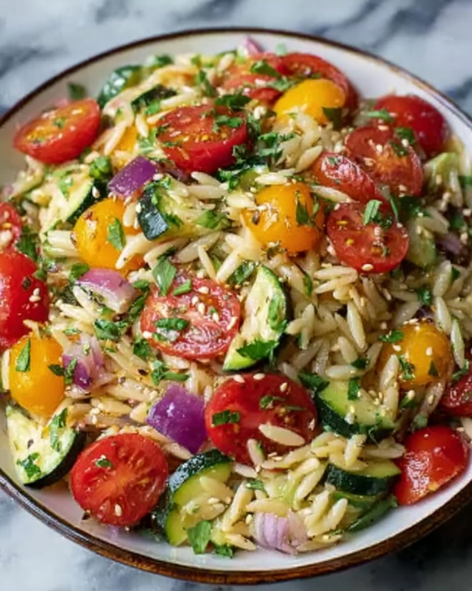 A colorful bowl of pasta salad sits on a white marbled surface, filled with orzo pasta mixed with chopped red and yellow cherry tomatoes, thin slices of cucumber, and small pieces of purple onion scattered throughout. The salad is topped with fresh green herbs and sprinkled lightly with sesame seeds. The bowl is white with a thin dark rim, and the mixture looks fresh, juicy, and vibrant. photo taken with an iphone --ar 4:5 --v 7