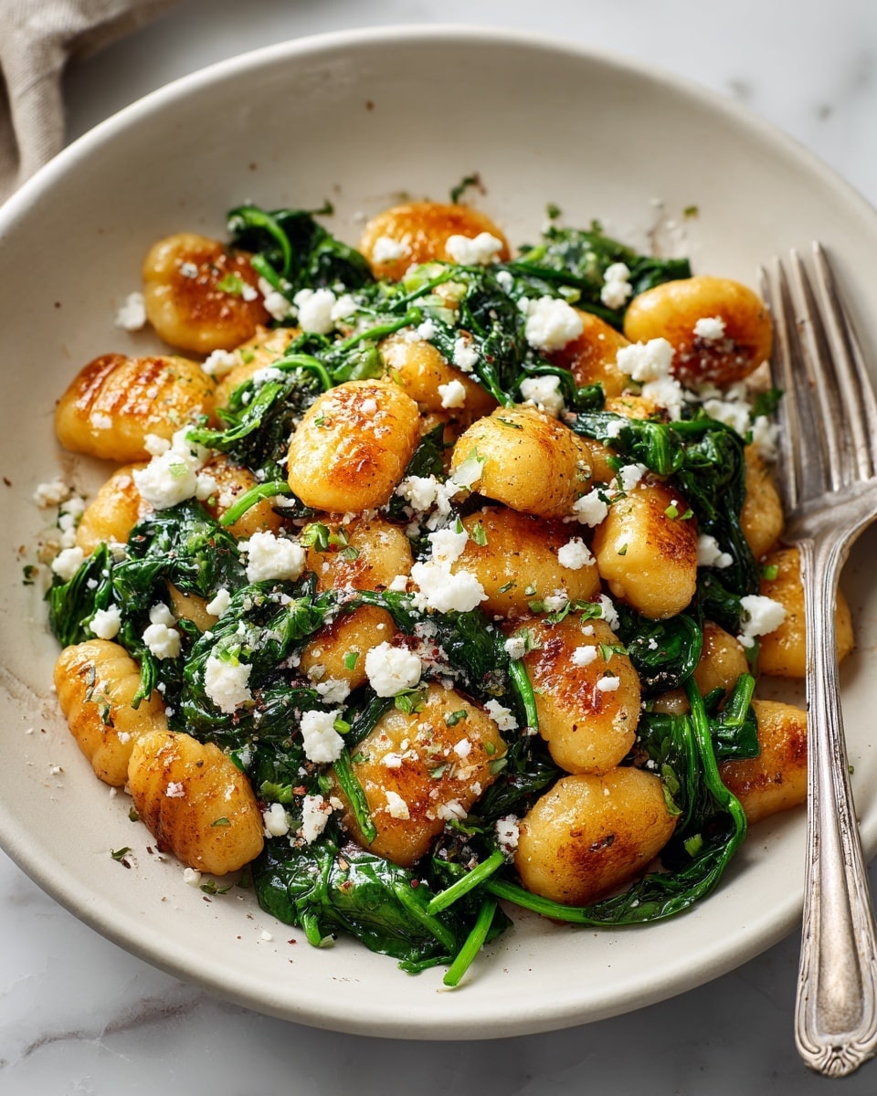 The dish shows a bowl filled with golden brown crispy gnocchi pieces arranged throughout, mixed with bright green sautéed spinach leaves that are wilted but still vibrant. White crumbled cheese is sprinkled on top, adding a soft and crumbly texture that contrasts with the smooth, browned gnocchi. The bowl is white and set on a white marbled surface, with a vintage silver fork resting inside on the right side. The overall look is warm and inviting with a mix of smooth, soft, and crunchy textures. photo taken with an iphone --ar 4:5 --v 7
