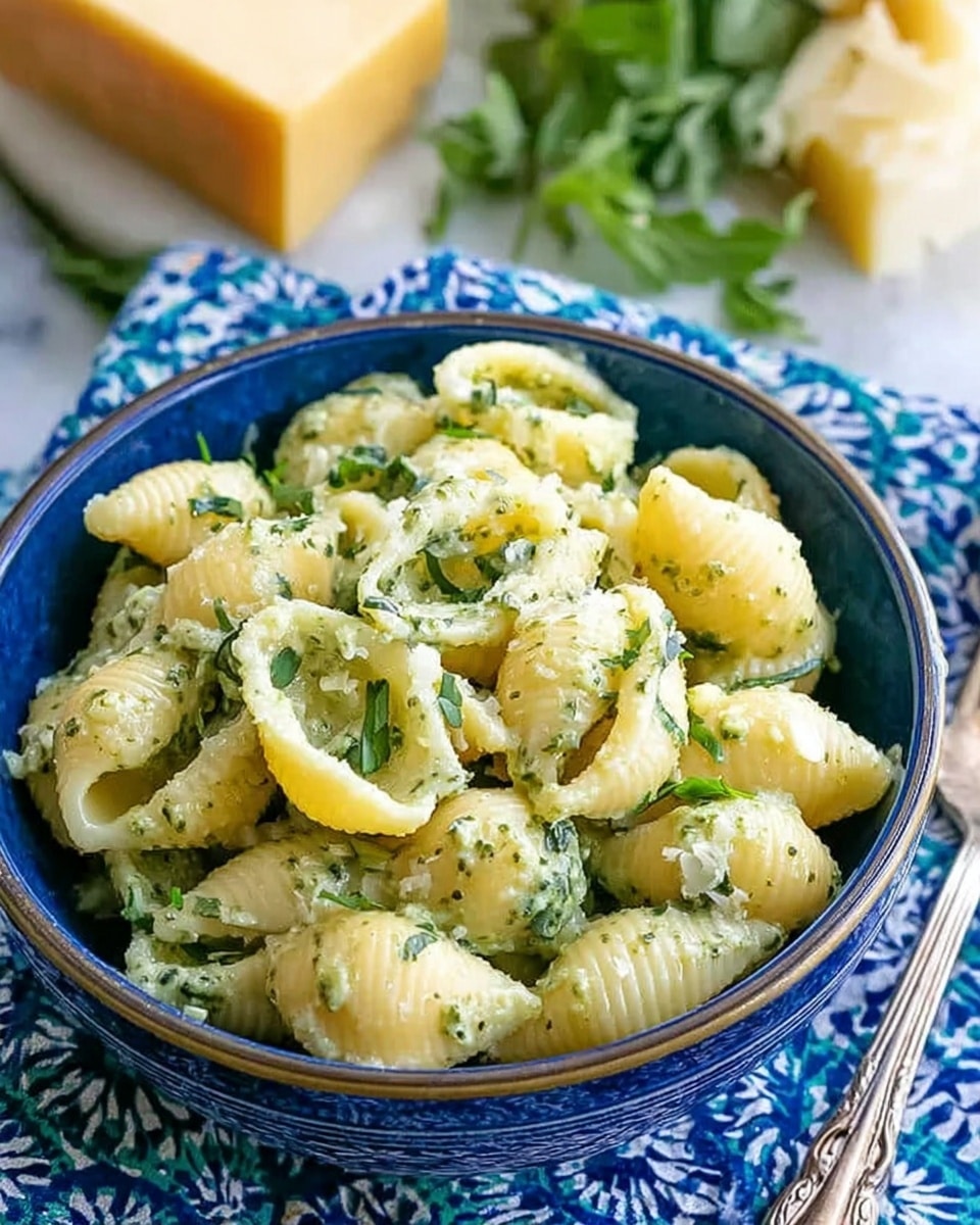 A close-up of a blue bowl filled with creamy pesto-covered pasta shells. The pasta is pale yellow with a smooth, green herb sauce clinging to each shell, showing visible chopped green leaves mixed in. The bowl sits on a patterned blue and white cloth over a white marbled surface, with a block of pale yellow hard cheese and an out-of-focus green herb sprig in the background. A silver fork rests beside the bowl, completing the scene. photo taken with an iphone --ar 4:5 --v 7