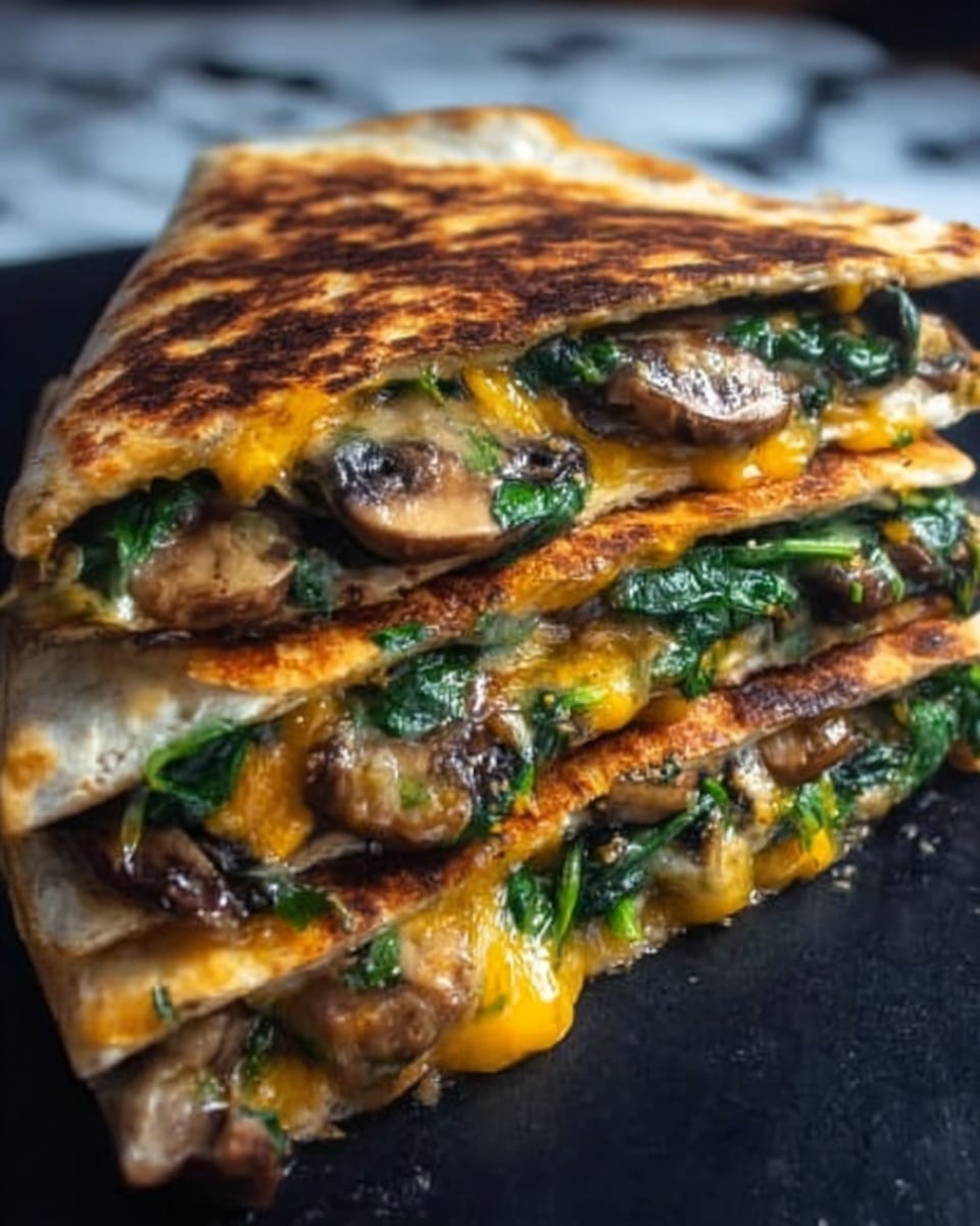 The image shows a close-up of three grilled quesadilla slices stacked on a dark surface, each with a crispy, golden brown tortilla outer layer. Inside, there are melted yellow cheddar cheese layers mixed with sautéed spinach and pieces of cooked mushrooms, creating a mix of green, brown, and orange colors that contrast with the toasted tortilla. The melted cheese oozes slightly between the layers, making the quesadillas look warm and fresh. The background features a white marbled texture. Photo taken with an iphone --ar 4:5 --v 7