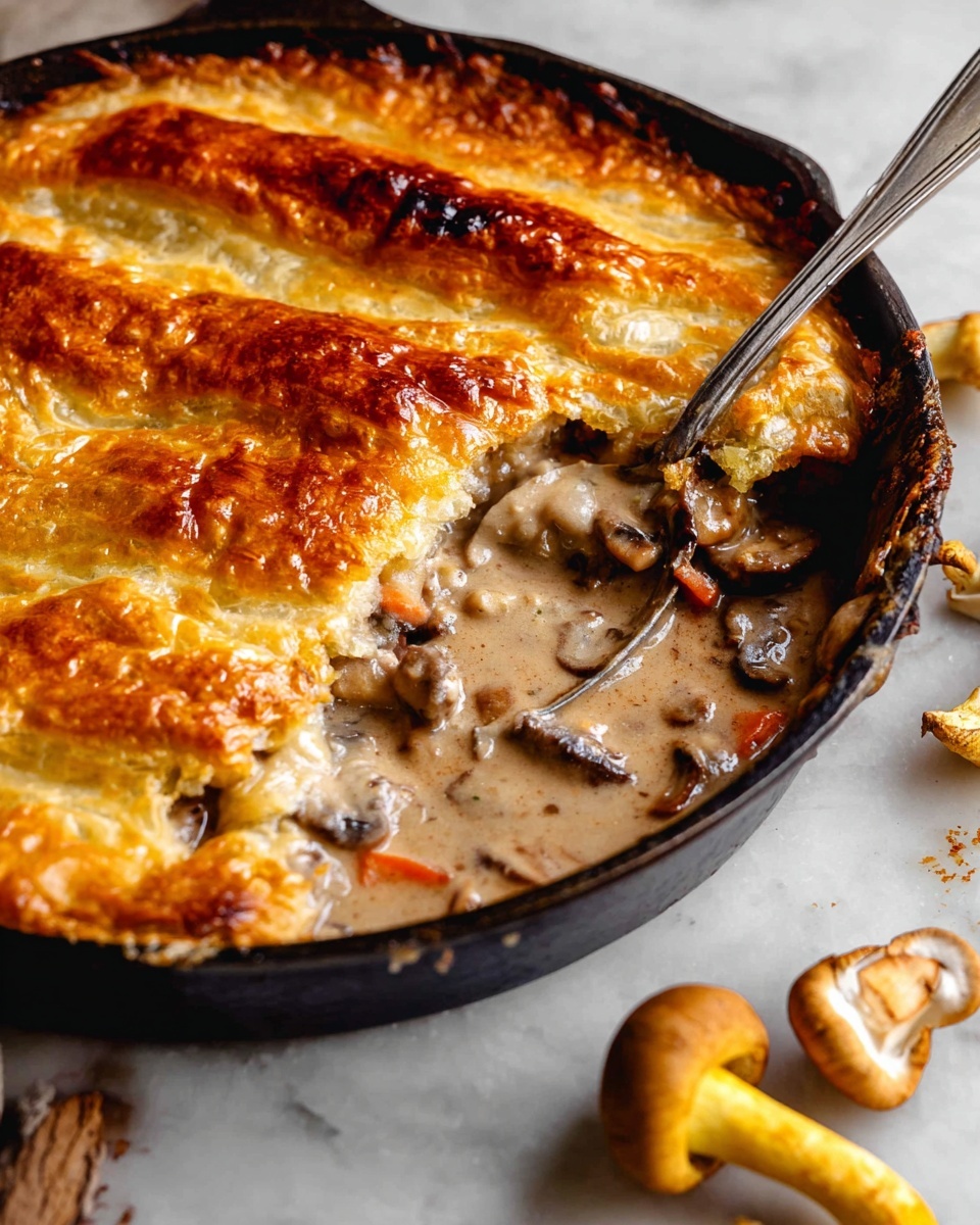 A round black skillet filled with a golden brown baked crust covering a thick, creamy brown mushroom filling. The crust is shiny and slightly bubbled with three indent lines across the top. The filling underneath is visible on one side, revealing soft mushroom slices and small orange carrot pieces in a smooth sauce. A silver spoon rests inside the filling, partially submerged. The skillet is placed on a white marbled texture surface with a couple of yellow mushrooms near the bottom right corner. photo taken with an iphone --ar 4:5 --v 7