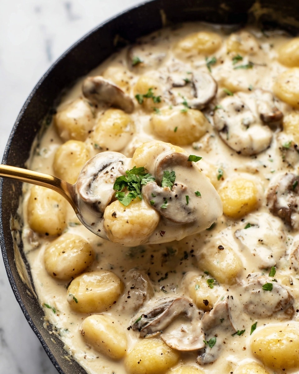 The image shows a close-up of a creamy dish in a black pan filled with gnocchi and sliced mushrooms in a thick white sauce. The gnocchi pieces are plump and pale yellow, while the mushroom slices have a light brown color with a soft texture. The sauce is white with specks of black pepper and finely chopped green herbs scattered throughout. A golden spoon lifts a spoonful of the creamy mixture, showing the gnocchi, mushrooms, and sauce in detail. The background is a white marbled texture. photo taken with an iphone --ar 4:5 --v 7