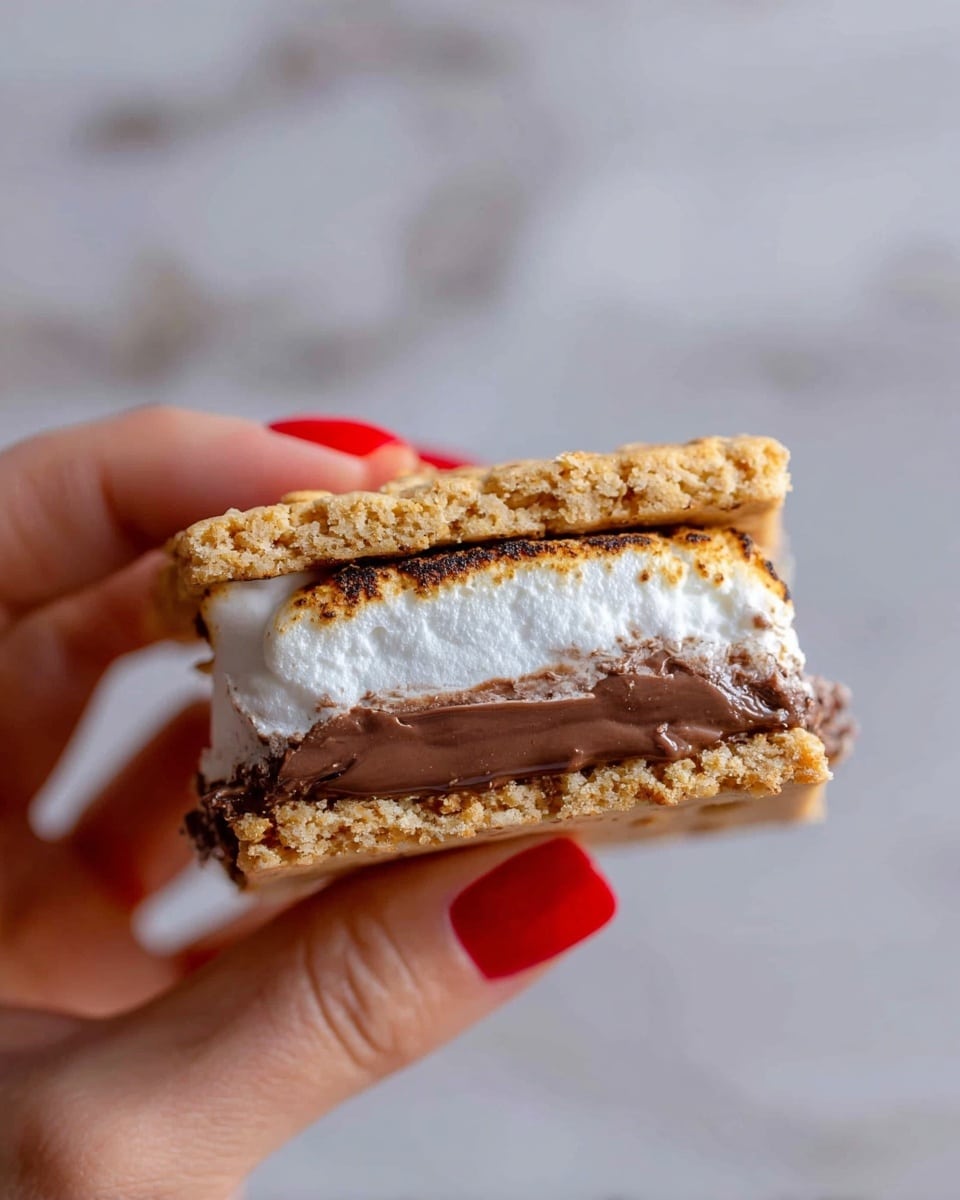 A close-up image of a s’mores cookie showing three layers held by a woman's hand with bright red nail polish. The bottom layer is a golden brown, crumbly cookie base. The middle layer is dark brown, rich chocolate with a smooth texture. The top layer is white, soft marshmallow, slightly melted and fluffy. The cookie is broken in half, revealing the distinct layers inside against a white marbled background. Photo taken with an iphone --ar 4:5 --v 7