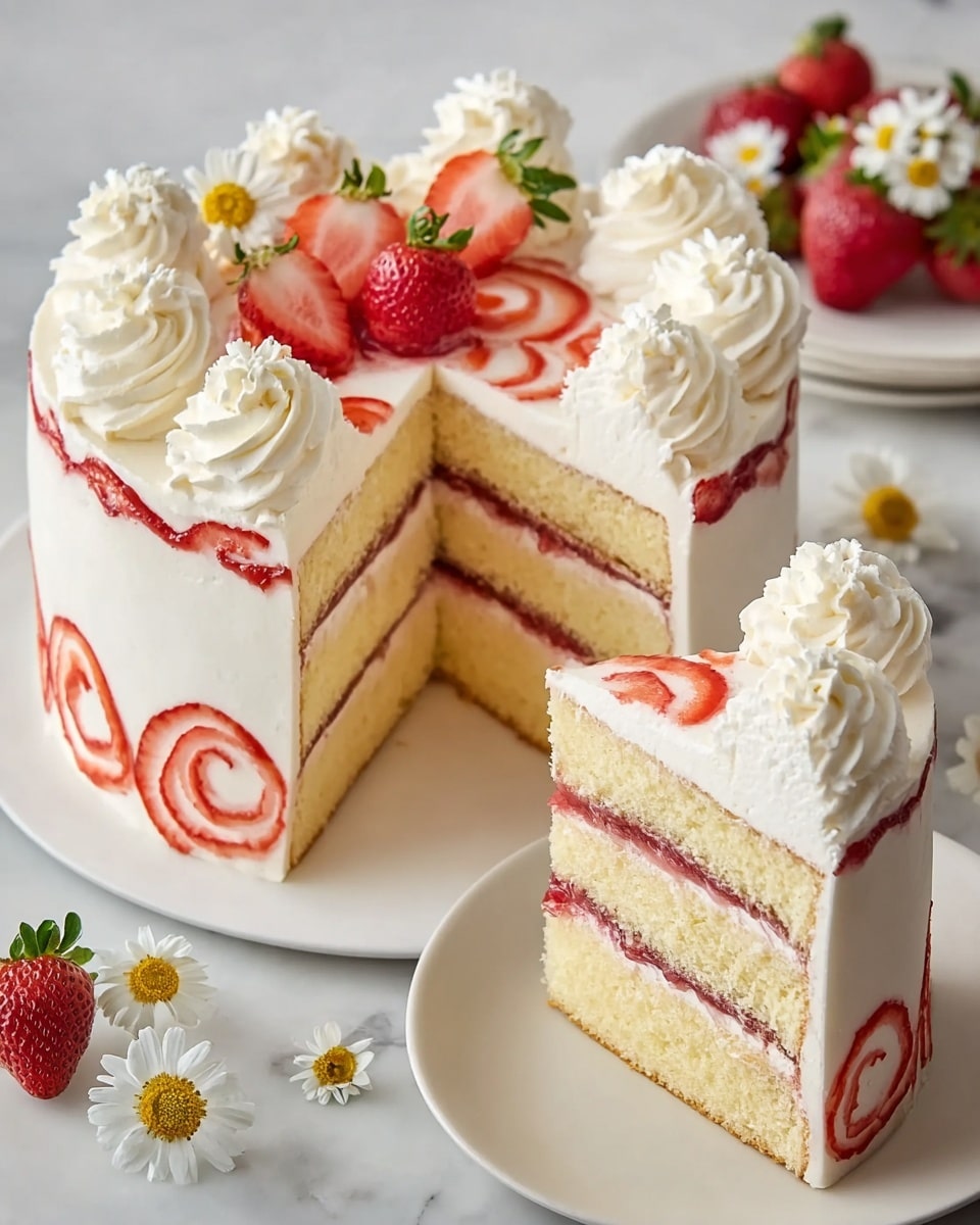 A three-layer round cake with soft yellow sponge layers, each separated by red strawberry jam and white cream fillings. The outside is smoothly coated with white cream. The top is decorated with white cream swirls, fresh strawberry slices placed in the center, and red strawberry jam swirled in circular patterns along the edge. The cake sits on a white plate placed on a white marbled surface, with small white daisy flowers scattered around. A bowl of red strawberries and a vase of white daisies are in the soft-focus background. photo taken with an iphone --ar 4:5 --v 7
