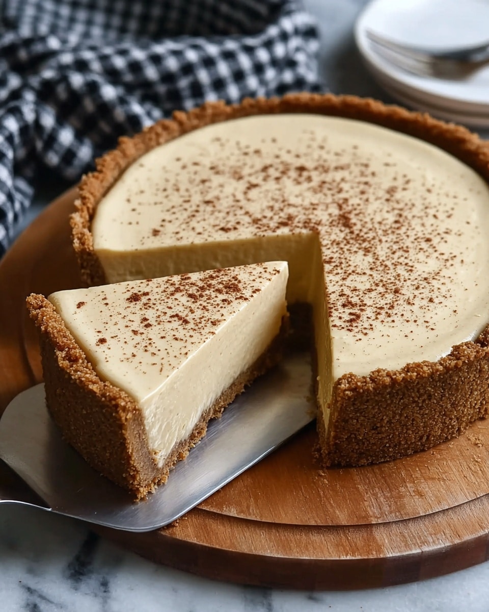 The image shows a creamy, light caramel-colored cheesecake with a crumbly brown crust that is thick and extends up the sides, creating a deep edge. The smooth cheesecake filling forms the top layer, which is sprinkled evenly with fine brown powder, likely cinnamon or cocoa, giving a softly speckled look. One slice is cut out, revealing the dense, firm texture of the cheesecake and the uniform brown crust beneath. A silver pie server lies next to the missing slice, with a few crumbs around it. The cheesecake is placed on a round wooden board set on a white marbled surface, with a black and white checkered cloth blurred in the background. photo taken with an iphone --ar 4:5 --v 7