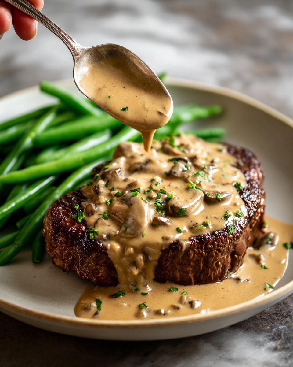 A thick, dark brown cooked steak sits on a white plate, covered with a thick, creamy beige mushroom sauce that has small chunks and is sprinkled with finely chopped green herbs. Behind the steak, bright green whole cooked green beans add color contrast, arranged in a neat pile. A silver spoon is shown just above the steak, pouring more of the creamy sauce over it. The plate is set on a white marbled surface that softly reflects light, adding a clean and bright background. photo taken with an iphone --ar 4:5 --v 7