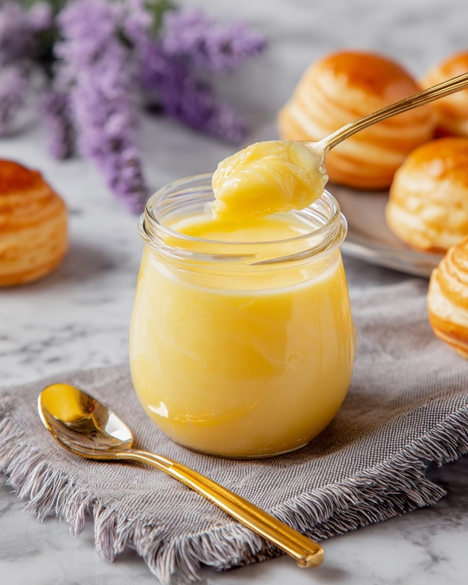 A small clear glass jar filled with smooth, creamy yellow lemon curd, with a golden spoon resting on top, holding a dollop of the curd. The jar sits on a gray cloth napkin with fringe edges on a white marbled surface. Next to the jar is a golden spoon lying flat on the napkin. In the background, several small, round, golden-brown cream puffs are partially visible with one cream puff placed near the jar in the foreground. Soft purple flowers blurred in the background add a gentle touch of color. photo taken with an iphone --ar 4:5 --v 7