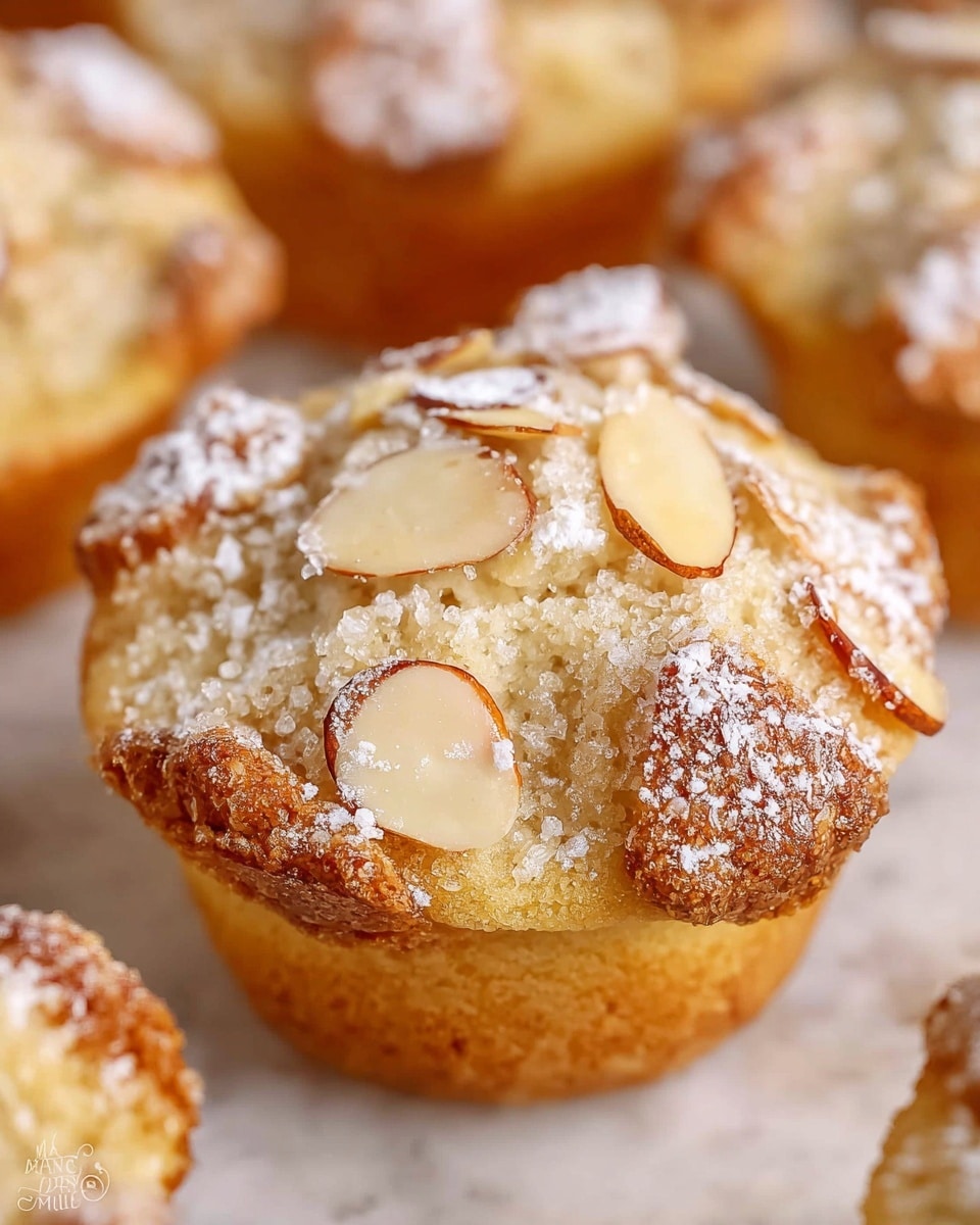 A close-up of a single muffin topped with light golden baked batter that looks soft and crumbly, covered with thin, light tan almond slices arranged on top, all lightly dusted with white powdered sugar giving a soft snowy look. The muffin has a slightly browned edge showing a crispy texture. Surrounding the featured muffin are several similar muffins blurred in the soft white marbled background. photo taken with an iphone --ar 4:5 --v 7
