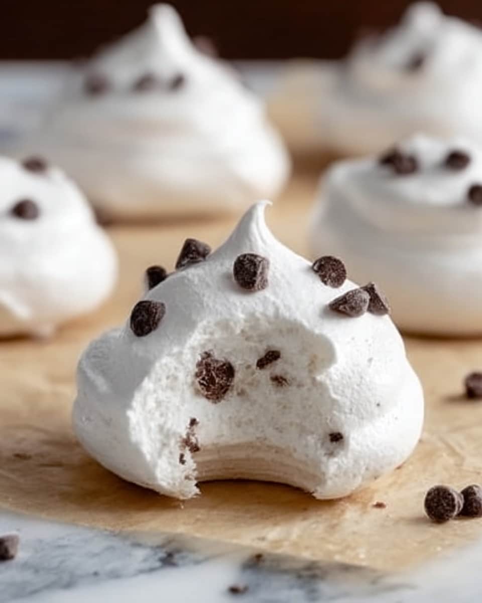 The image shows a white meringue cookie with a soft, smooth texture and a small bite taken out of the front, revealing a slightly chewy center. The meringue is decorated with small dark chocolate chips scattered on top and around the cookie. In the background, several more white meringues with chocolate chips are blurred and spread out over a parchment paper surface placed on a white marbled texture. photo taken with an iphone --ar 4:5 --v 7