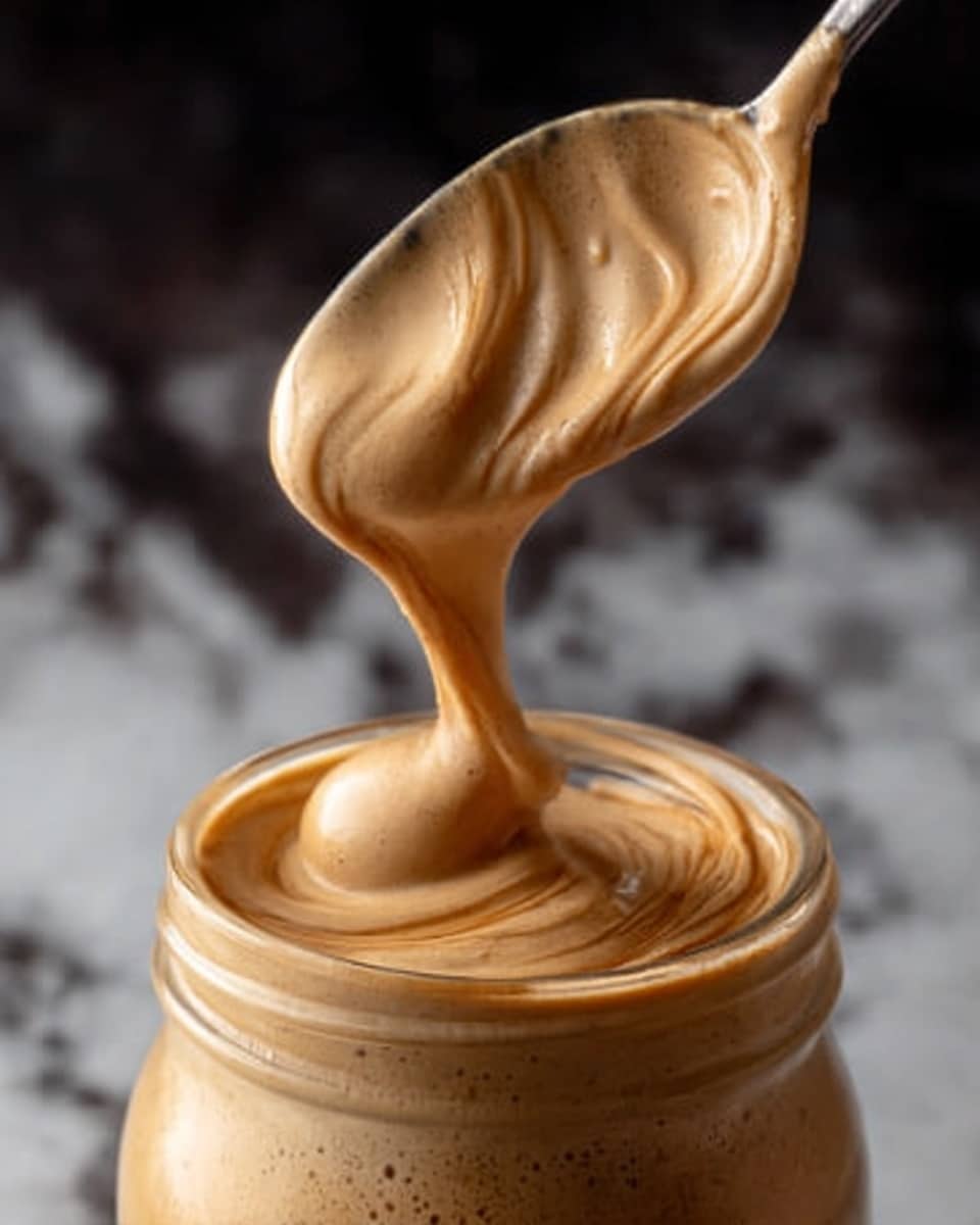 A close-up image shows thick, creamy coffee foam with a smooth, swirled texture pouring from a spoon above a glass jar filled with the same frothy mixture. The foam has a rich, light brown color with waves and peaks, showing a glossy surface. The background is a white marbled texture with dark shadows, creating contrast with the creamy coffee foam. photo taken with an iphone --ar 4:5 --v 7
