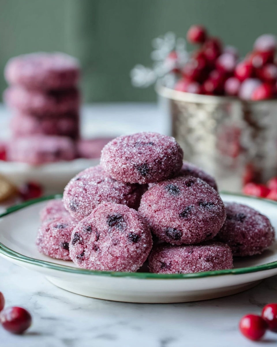 A pile of small, round, purple-pink cookies with a slightly rough texture and a light coating of sugar crystals on the outside. The cookies are stacked in a pyramid shape on a white plate with a green rim, sitting on a white marbled surface. In the blurred background, there is a silver container filled with red berries and more cookies stacked behind. Some loose red berries are scattered in the bottom right foreground. Photo taken with an iphone --ar 4:5 --v 7
