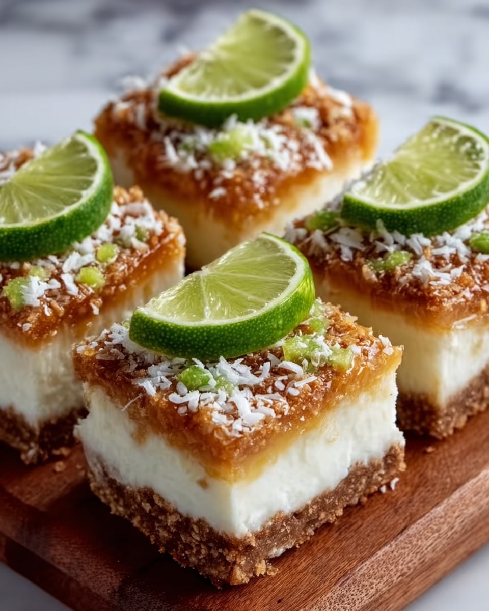 The image shows three square dessert bars stacked on a white marble surface. Each bar has three layers: a crumbly brown crust at the bottom, a thick smooth white middle layer that looks creamy, and a shiny, dark caramel-colored top layer sprinkled with small white coconut flakes. On top of each bar, there is a thin, round slice of fresh green lime placed in the center. The bars are arranged close together on a wooden board. Photo taken with an iphone --ar 4:5 --v 7