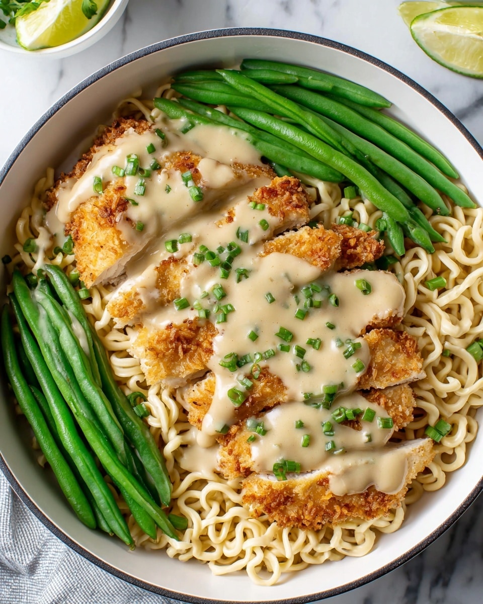 A white round plate holds a bed of light-colored cooked noodles with soft texture, spread evenly as the base layer. On top, five pieces of golden-brown fried chicken are placed in a circular pattern, each covered with creamy white sauce that has small green chives sprinkled on it. Fresh, bright green beans are arranged in two small bundles on the left and right sides of the plate, adding a crisp contrast to the soft noodles and creamy chicken. The entire dish sits on a white marbled surface with some fresh chives and lemon wedges nearby. photo taken with an iphone --ar 4:5 --v 7