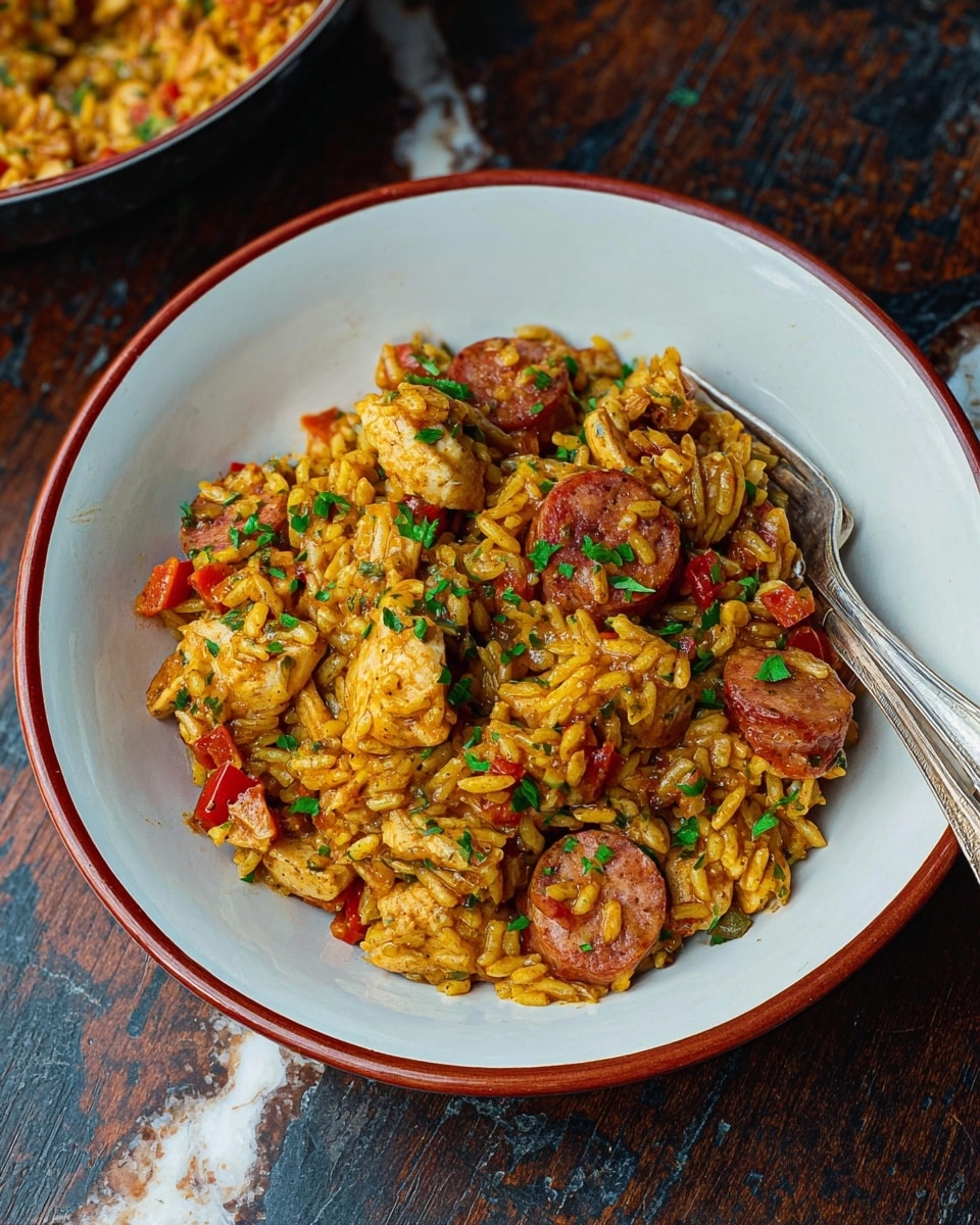 A white plate with a red rim holds a single-layered dish of yellow spiced rice mixed with small chunks of cooked chicken and slices of sausage, dotted with bits of red bell pepper and garnished with finely chopped green herbs. The rice looks moist and fluffy, with a slightly oily texture enhanced by the spices coating each grain. A vintage silver fork rests on the right side of the plate, partially inserted into the rice. The plate is on a dark wooden surface with a small wooden bowl filled with chopped green herbs nearby. photo taken with an iphone --ar 4:5 --v 7