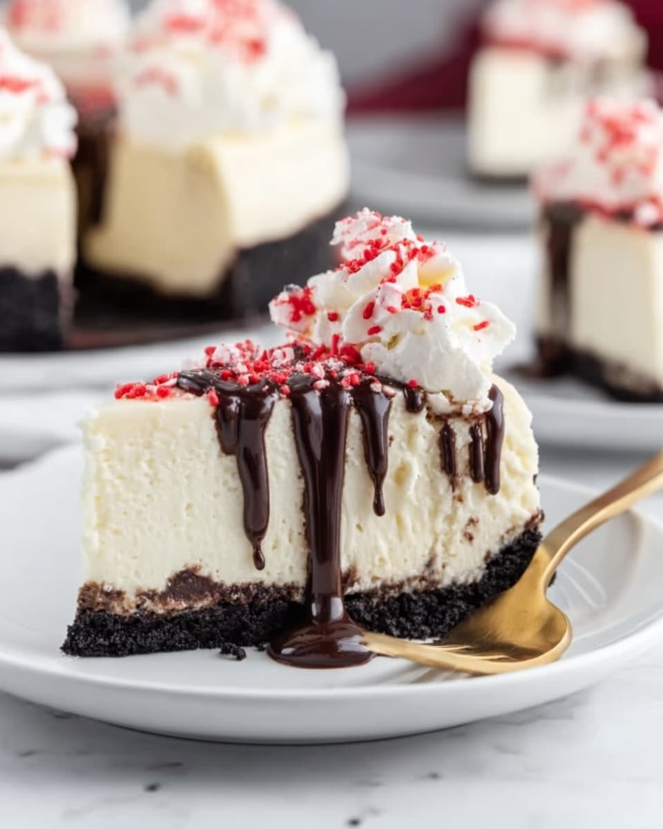 A slice of cheesecake sits on a white plate on a white marbled surface. The cheesecake has three layers: a dark brown crumbly base, a thick middle layer of smooth white cream, and a top layer of white whipped cream decorated with red sprinkles. Dark chocolate sauce drips down from the whipped cream layer onto the cream cheese layer. In the background, more similar slices are visible, topped with white whipped cream and red bits. A woman's hand holds a golden fork near the plate. photo taken with an iphone --ar 4:5 --v 7